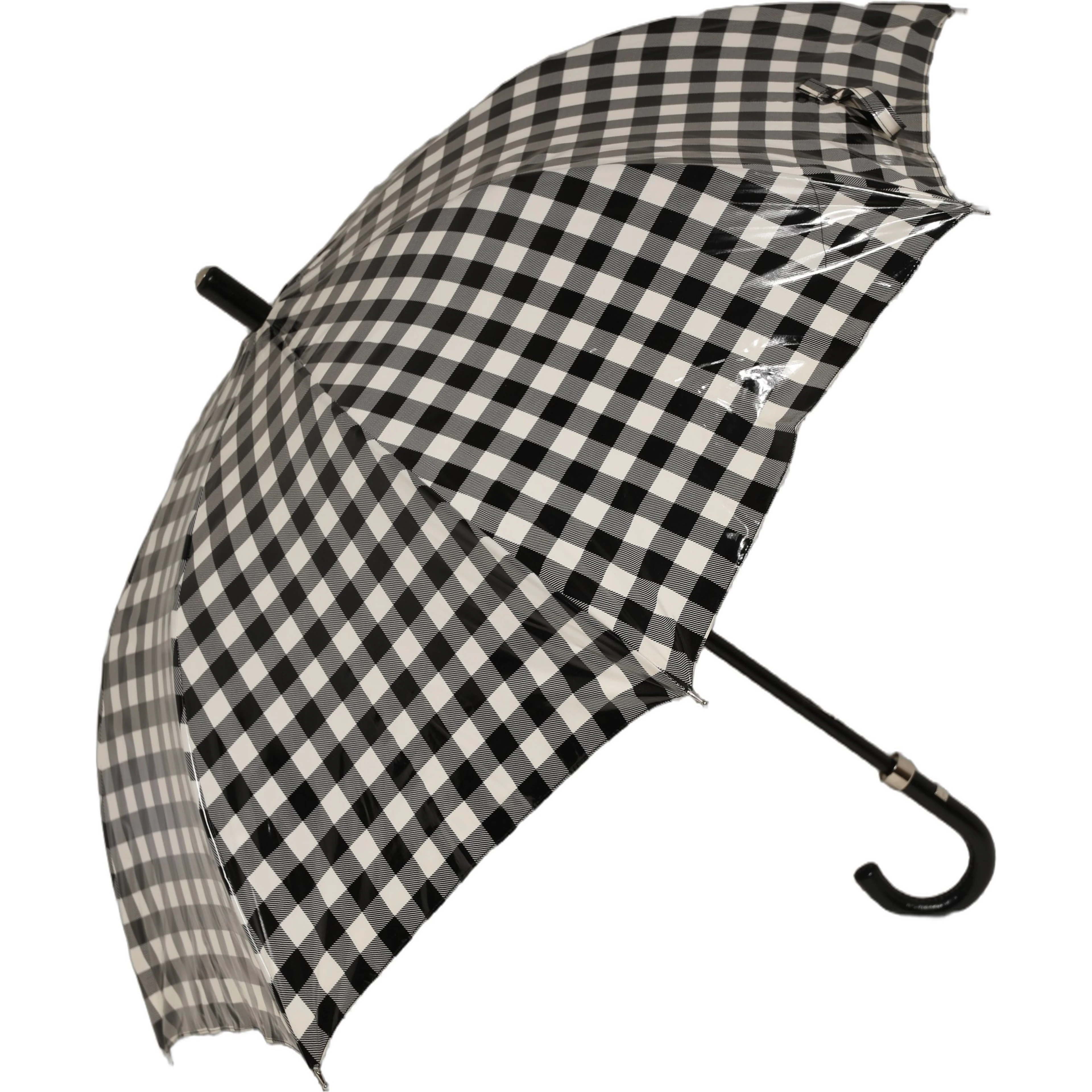 Black White Gingham Check Cotton Long Handle Umbrella