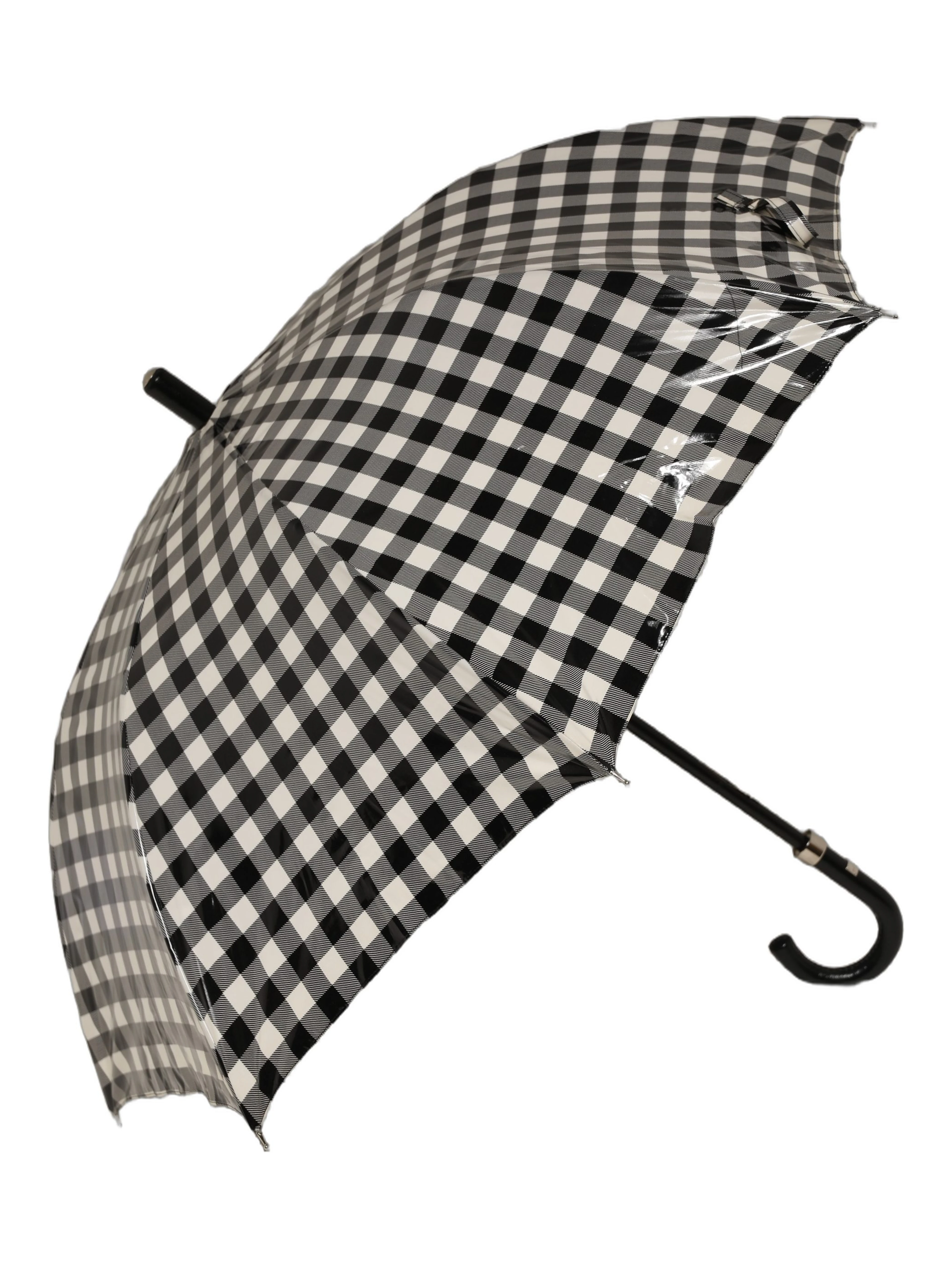 Black White Gingham Check Cotton Long Handle Umbrella