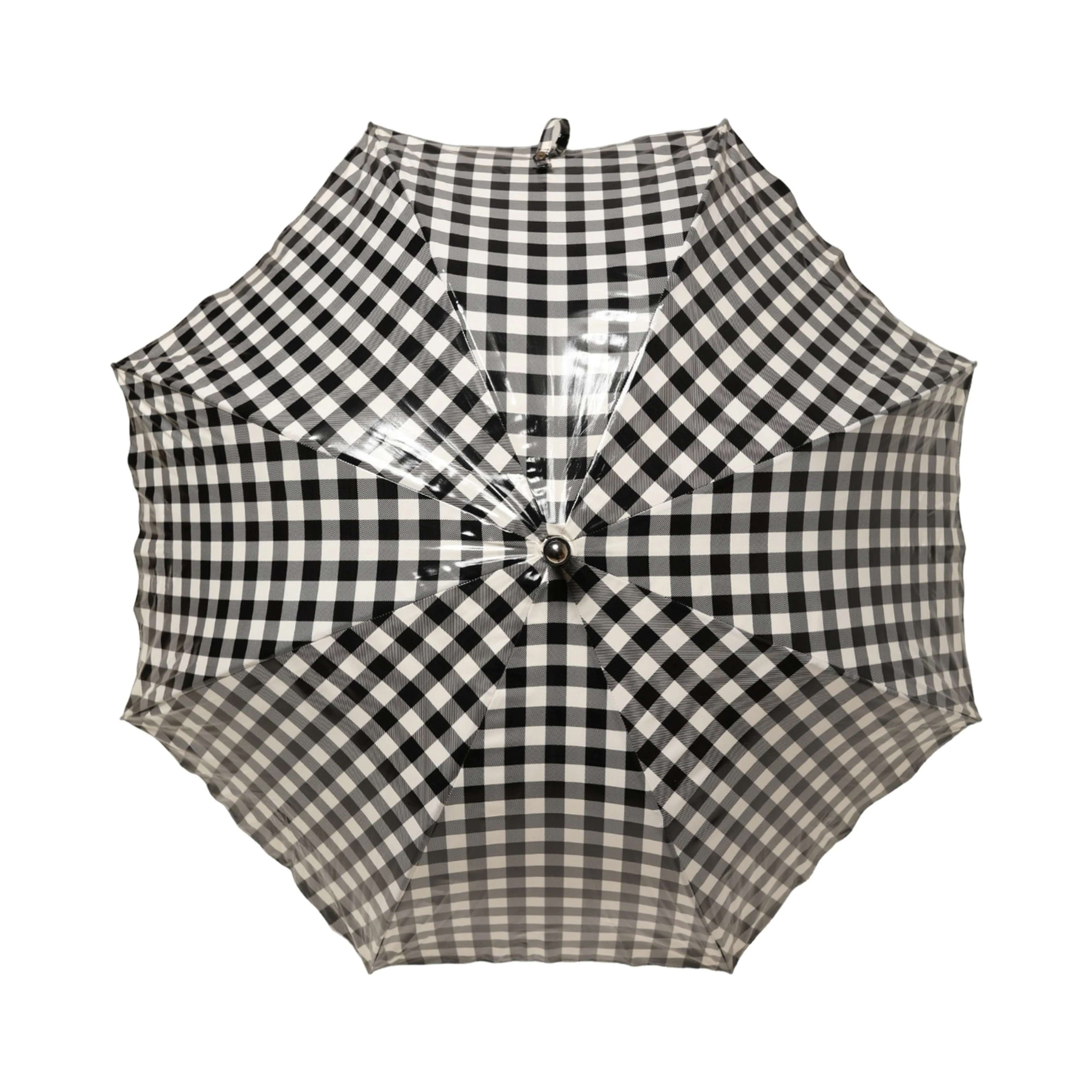 Black White Gingham Check Cotton Long Handle Umbrella