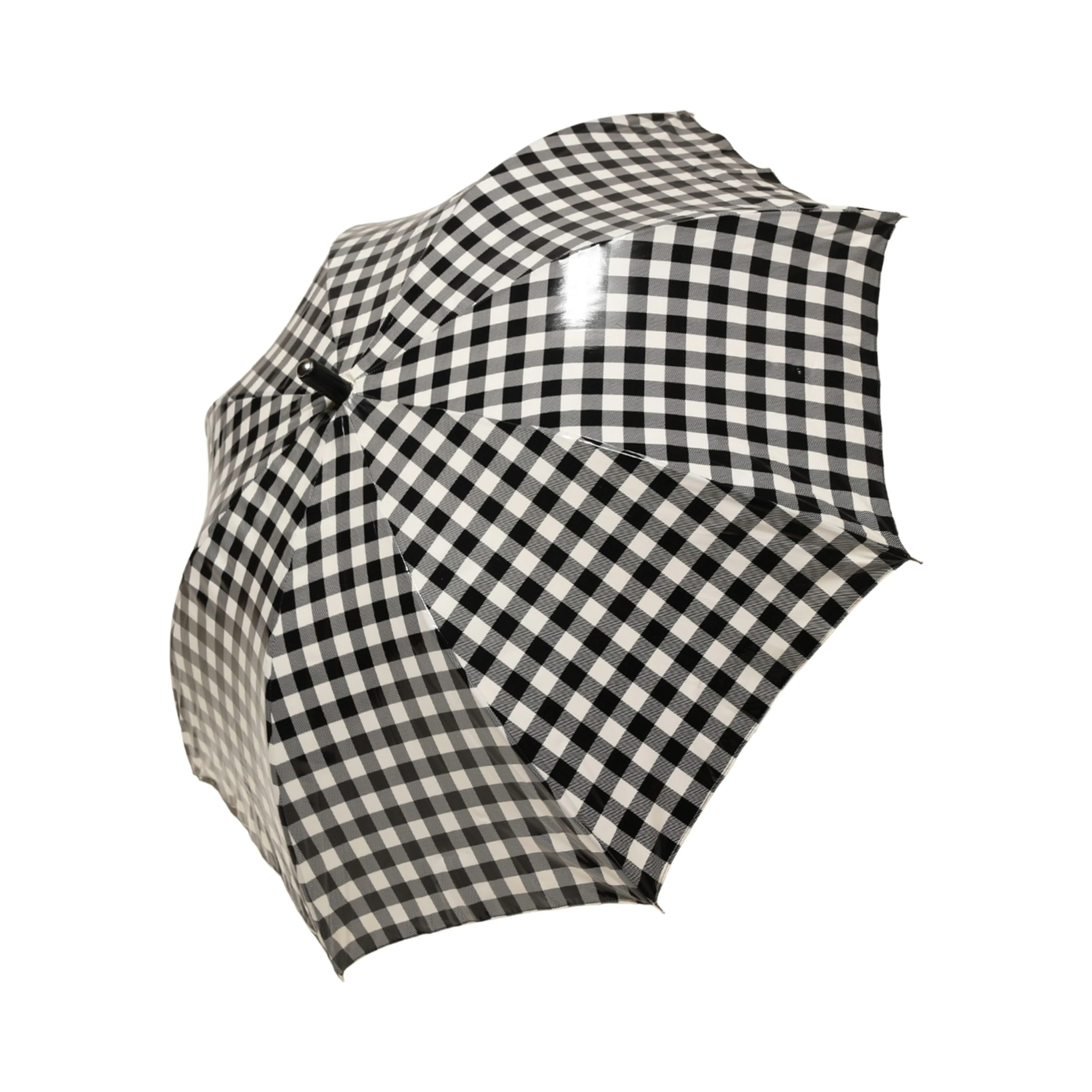Black White Gingham Check Cotton Long Handle Umbrella