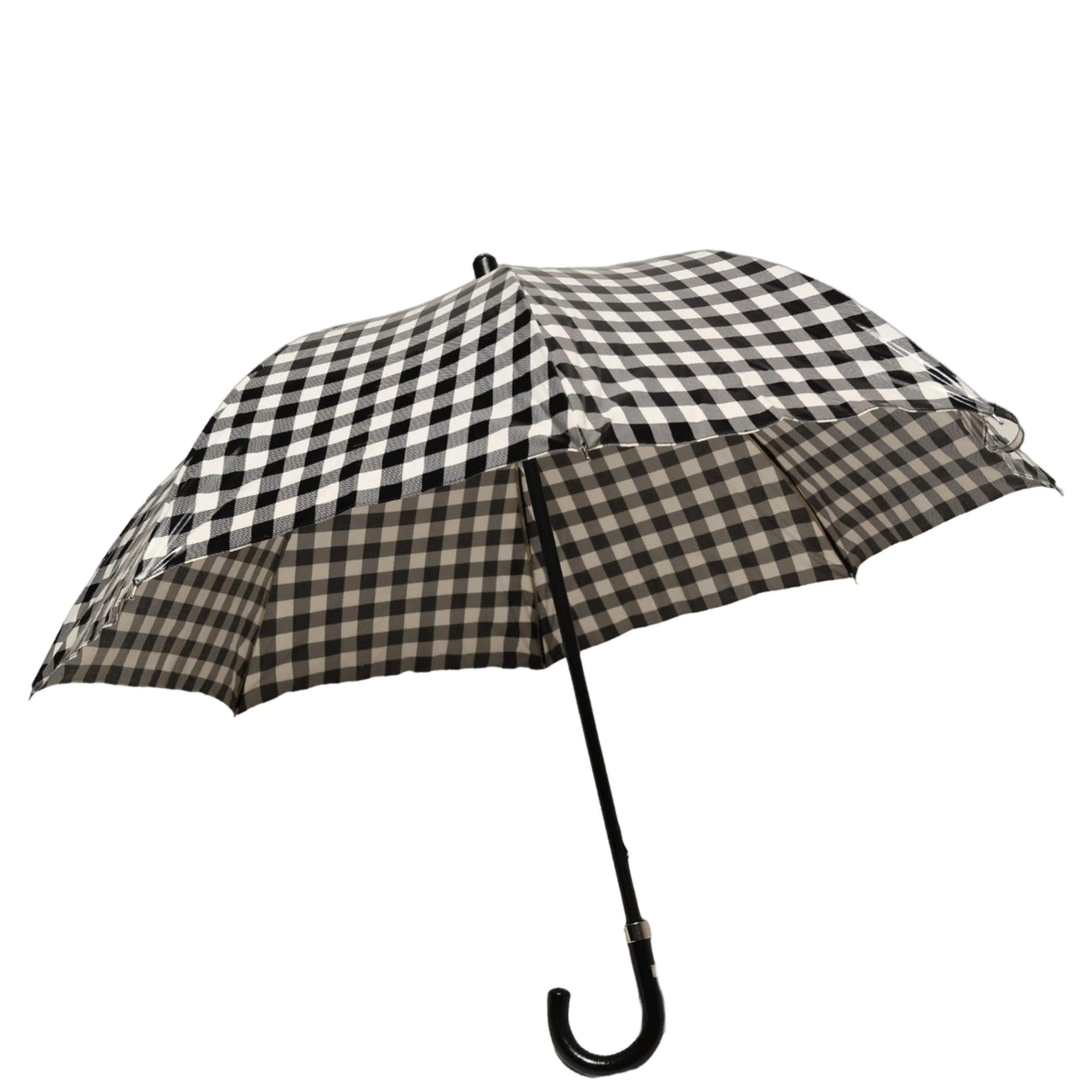 Black White Gingham Check Cotton Long Handle Umbrella