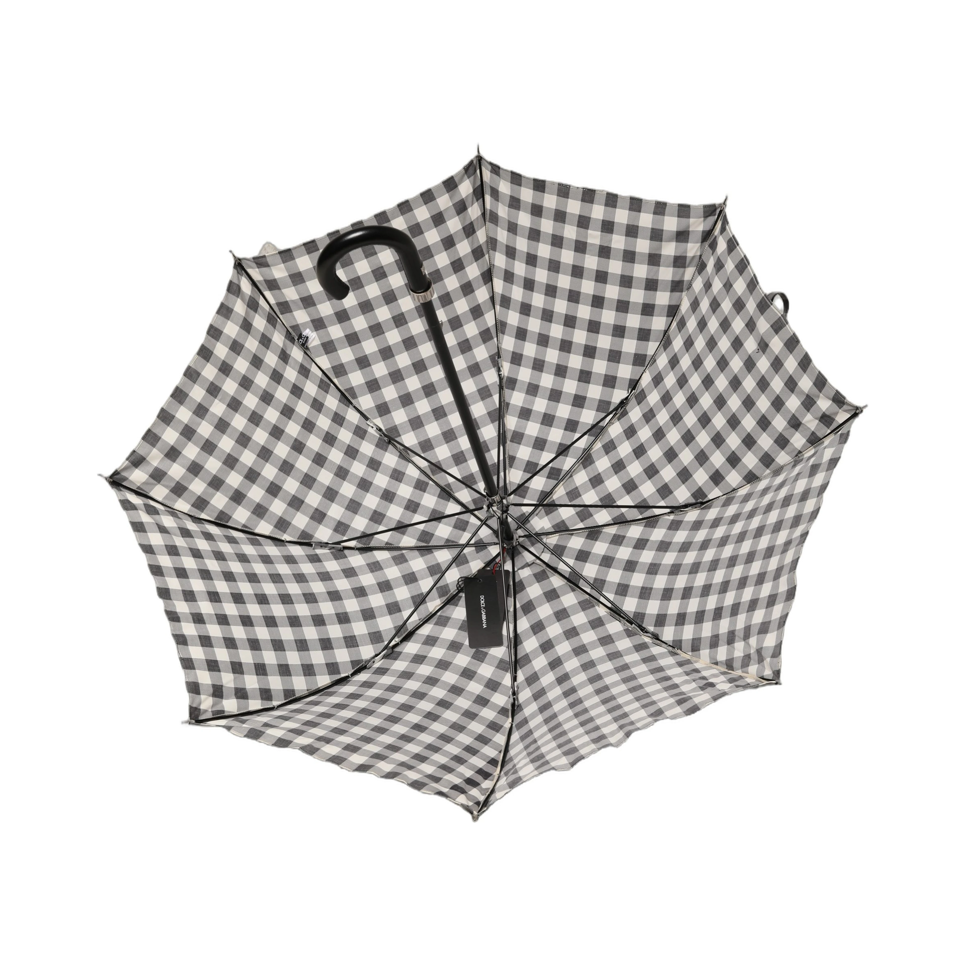 Black White Gingham Check Cotton Long Handle Umbrella