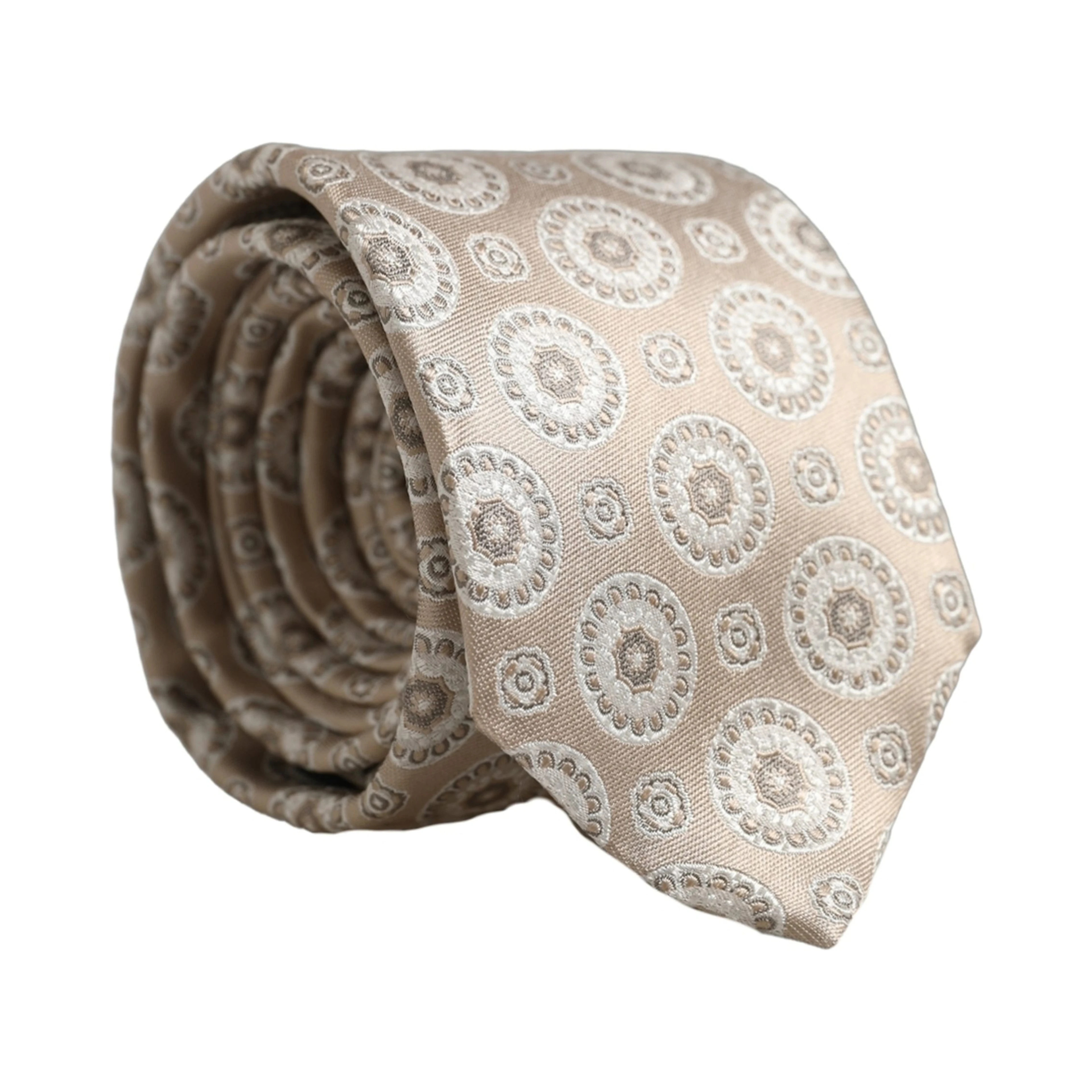 Beige Silk Medallion Circle Adjustable Tied Necktie Tie