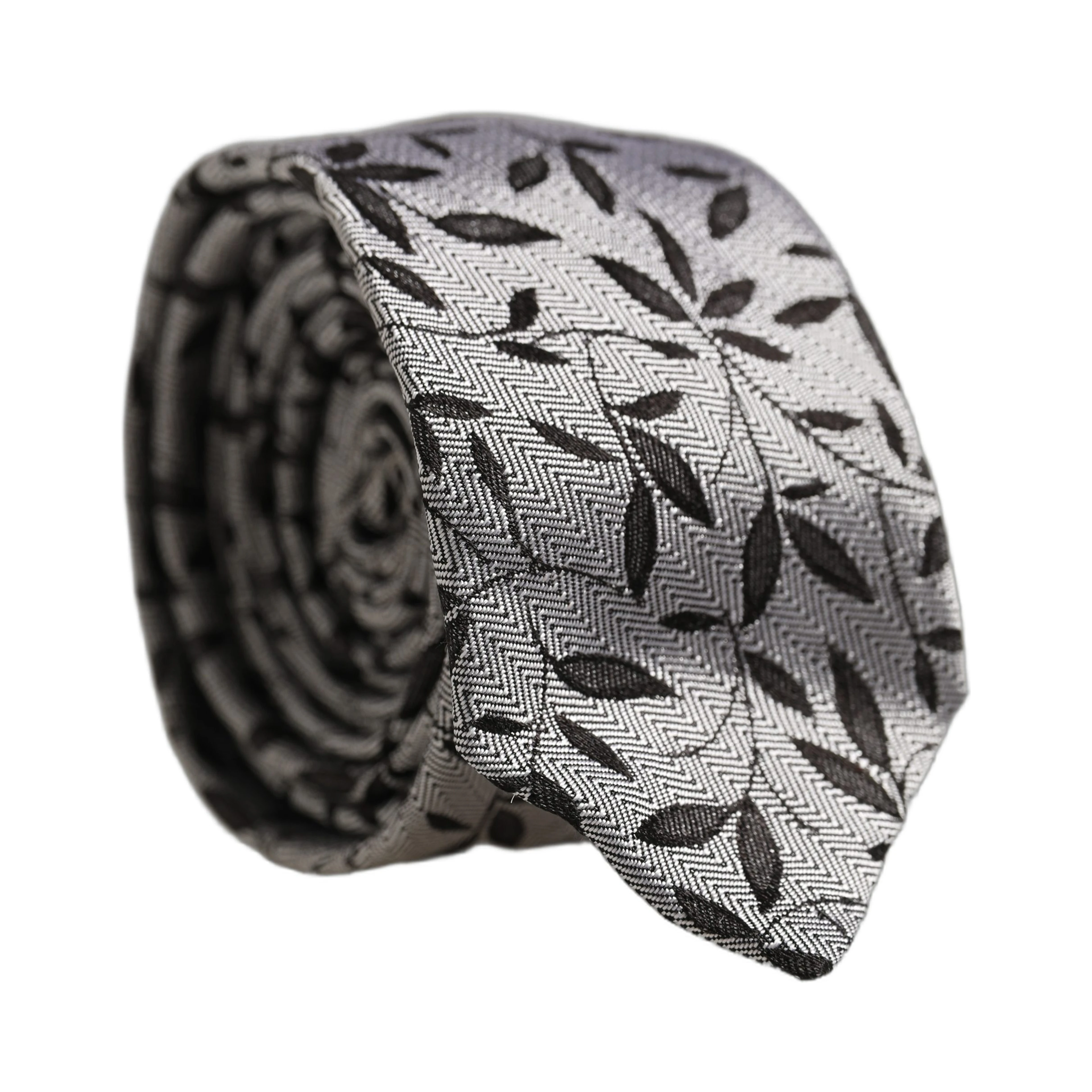 Men Gray Silk Leaf Pattern Adjustable Tied Necktie Tie
