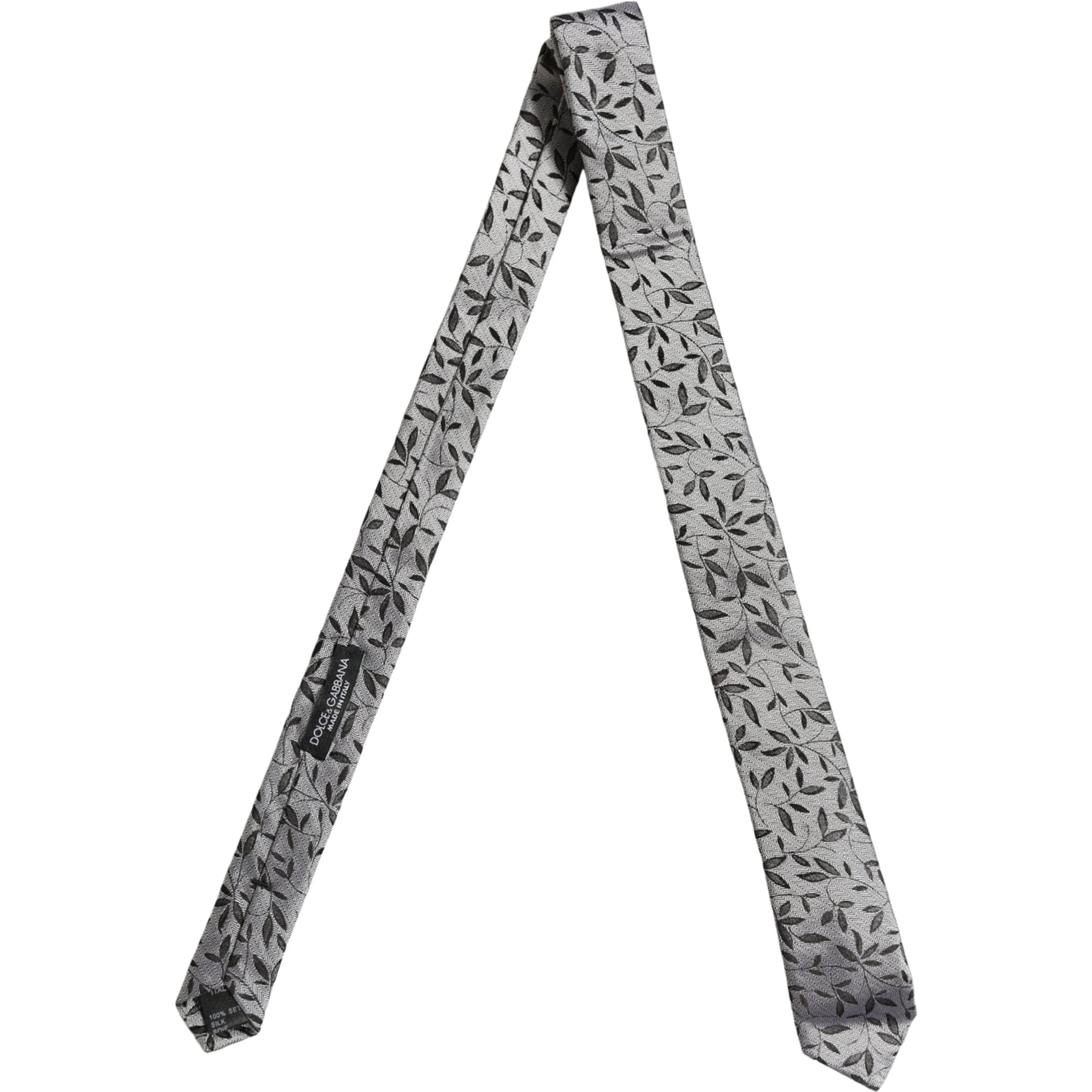 Men Gray Silk Leaf Pattern Adjustable Tied Necktie Tie