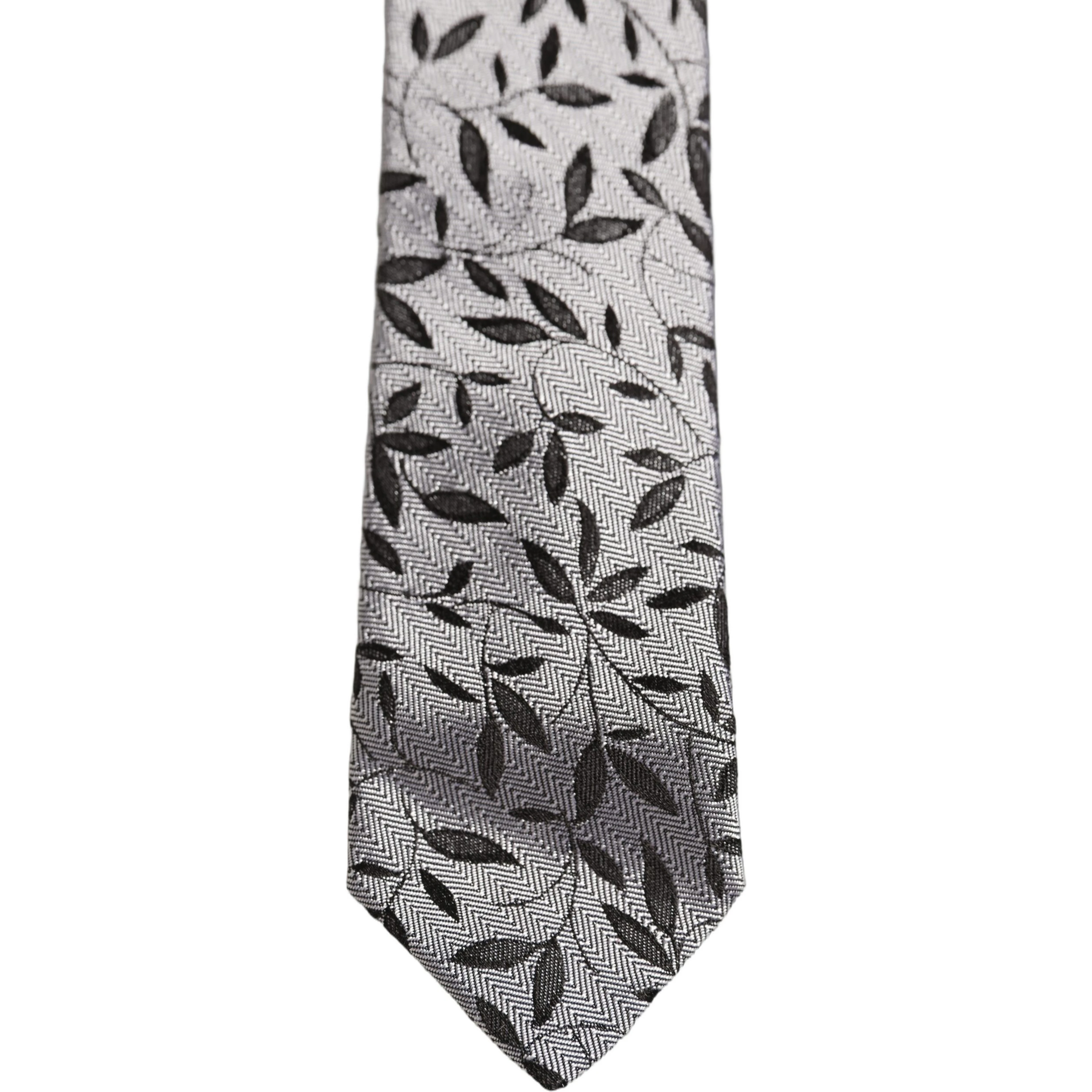 Men Gray Silk Leaf Pattern Adjustable Tied Necktie Tie