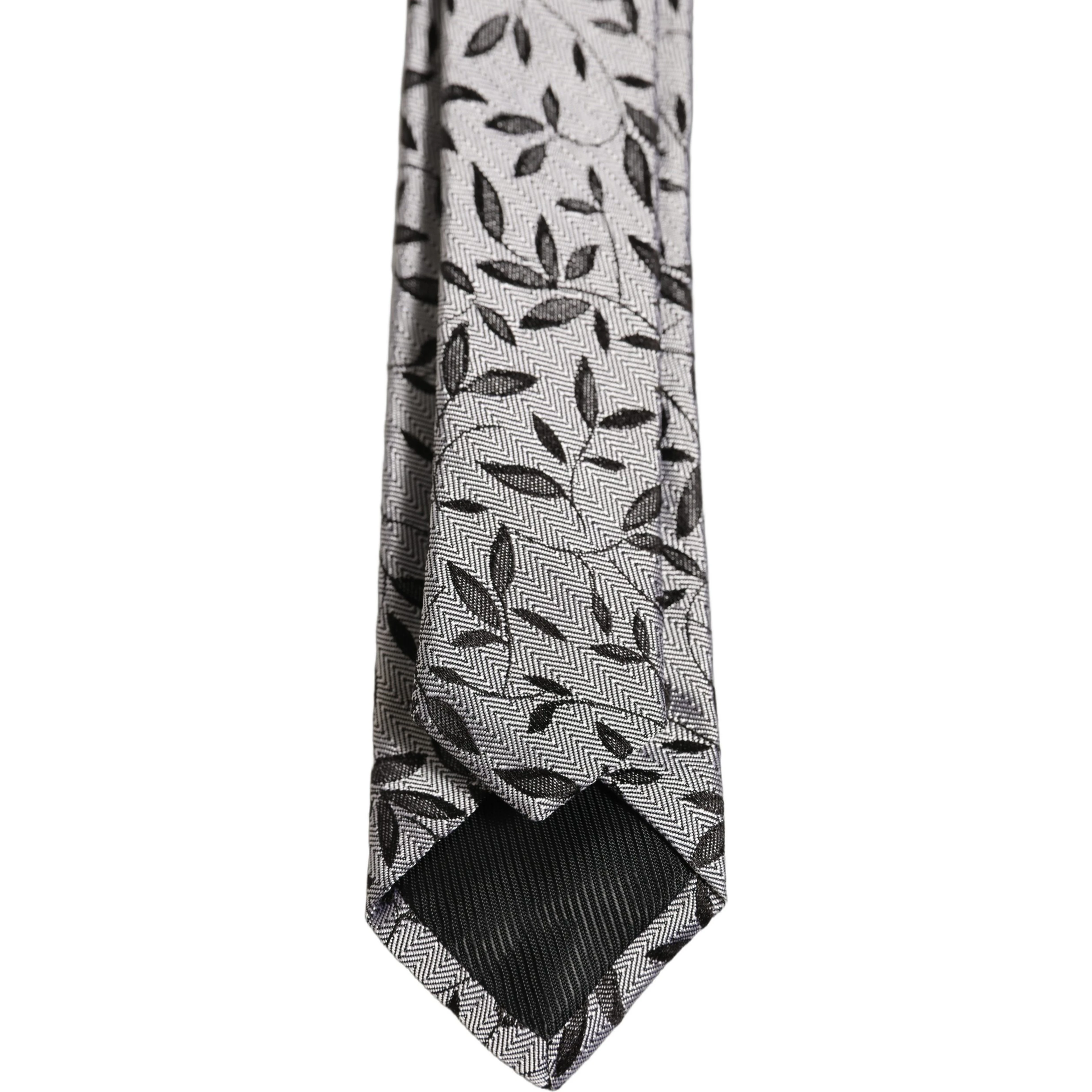 Men Gray Silk Leaf Pattern Adjustable Tied Necktie Tie