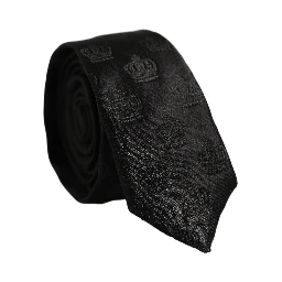 Men Black Crown Pattern Silk Adjustable Tied Necktie Tie