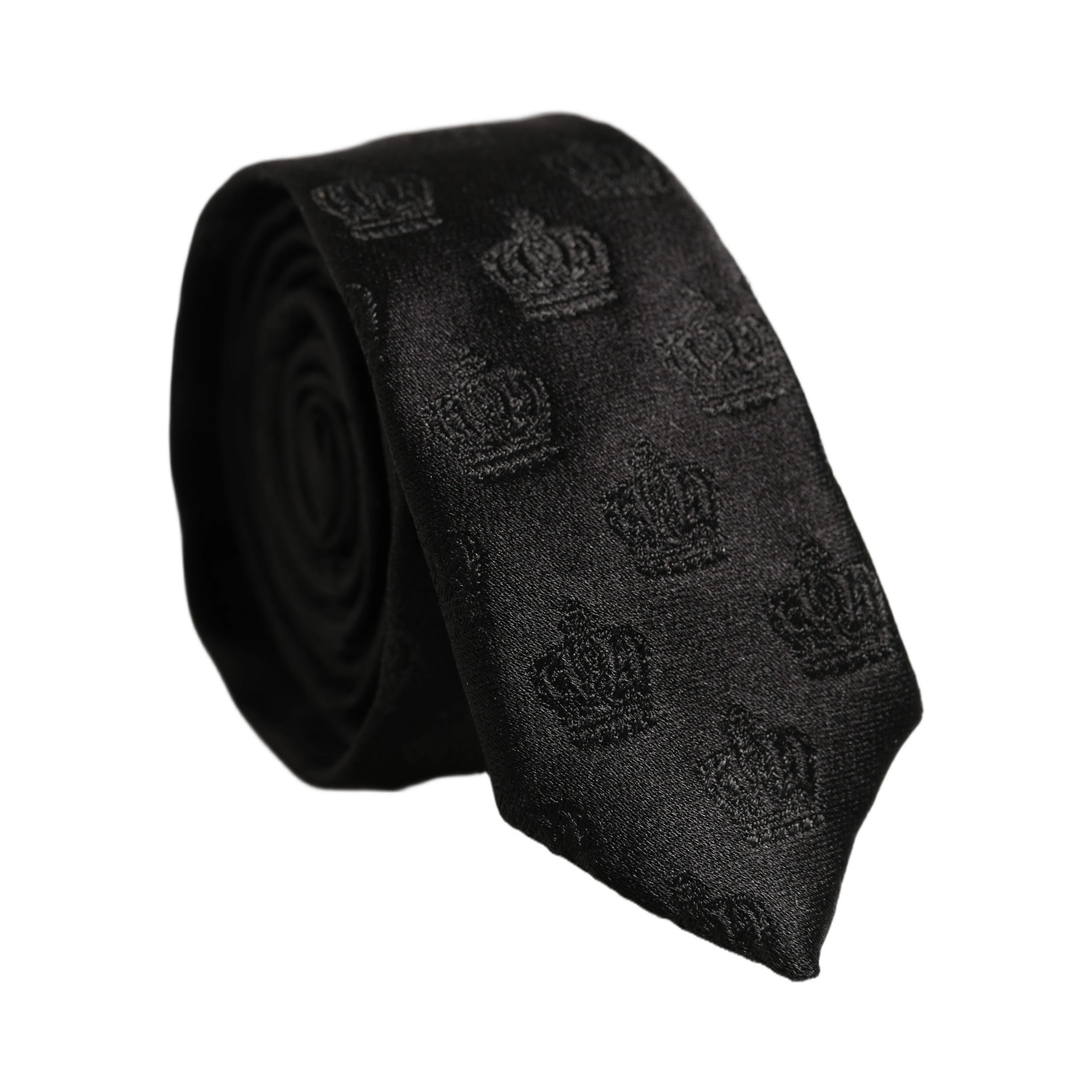 Men Black Crown Pattern Silk Adjustable Tied Necktie Tie