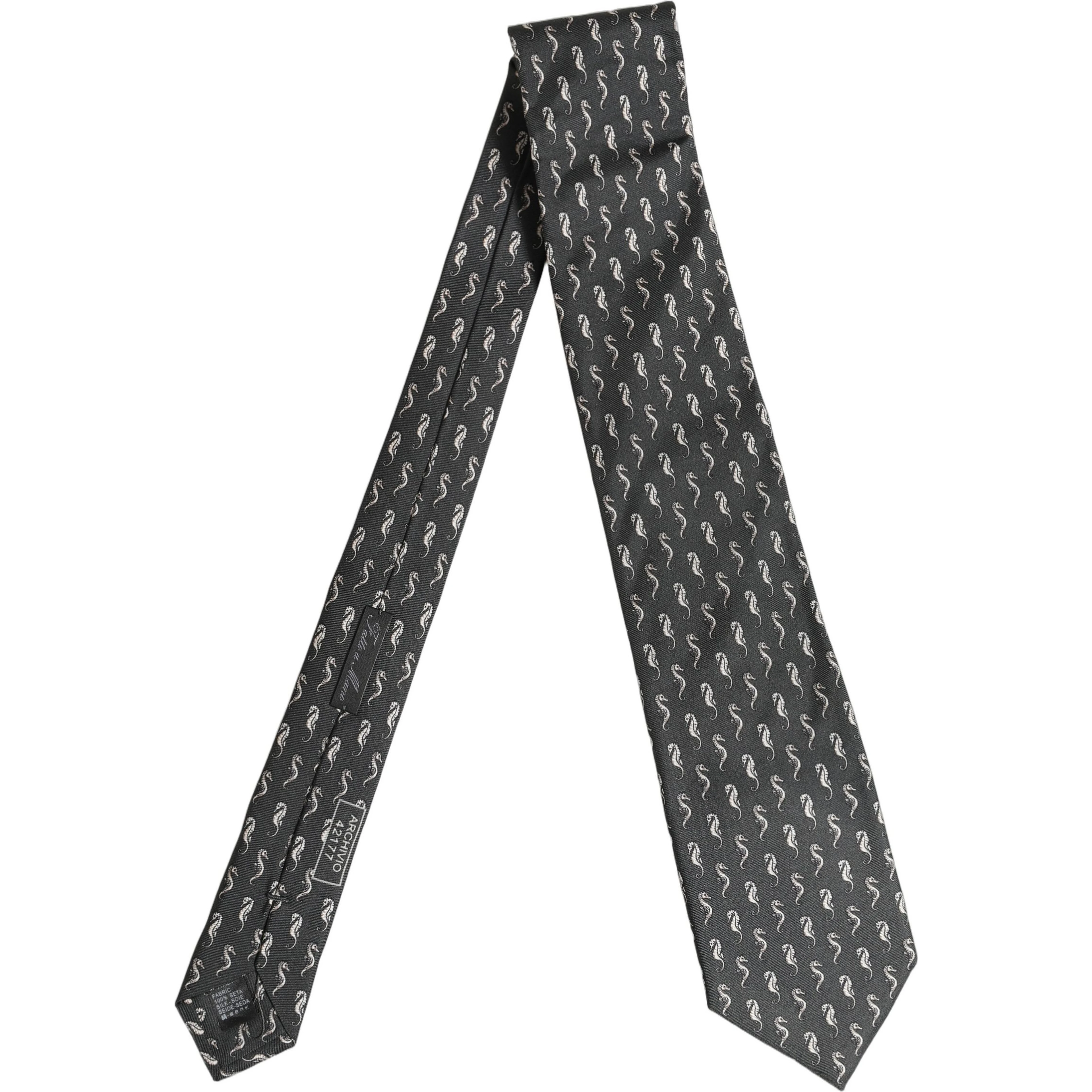 Men Black Seahorse Silk Adjustable Tied Necktie Tie