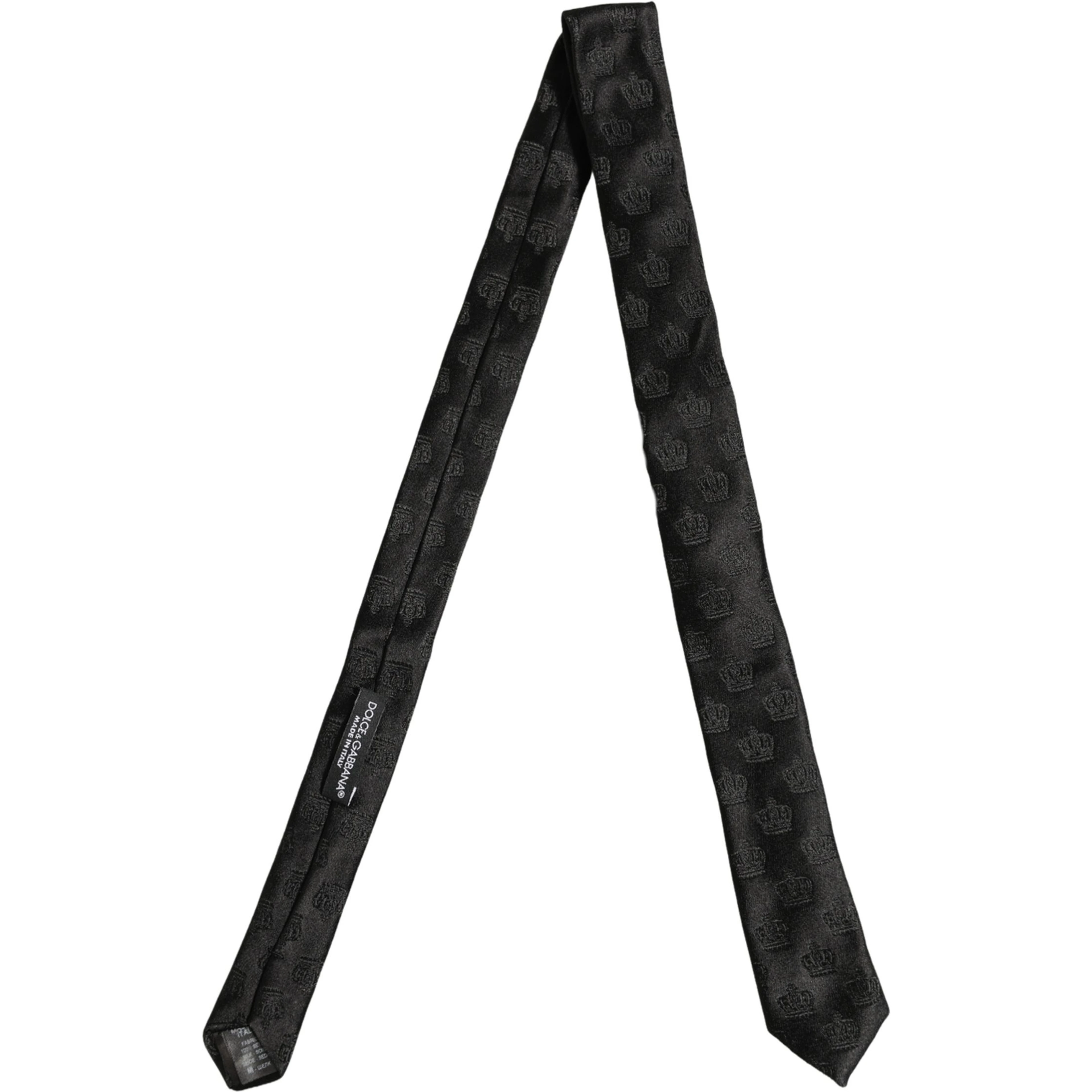 Men Black Crown Pattern Silk Adjustable Tied Necktie Tie