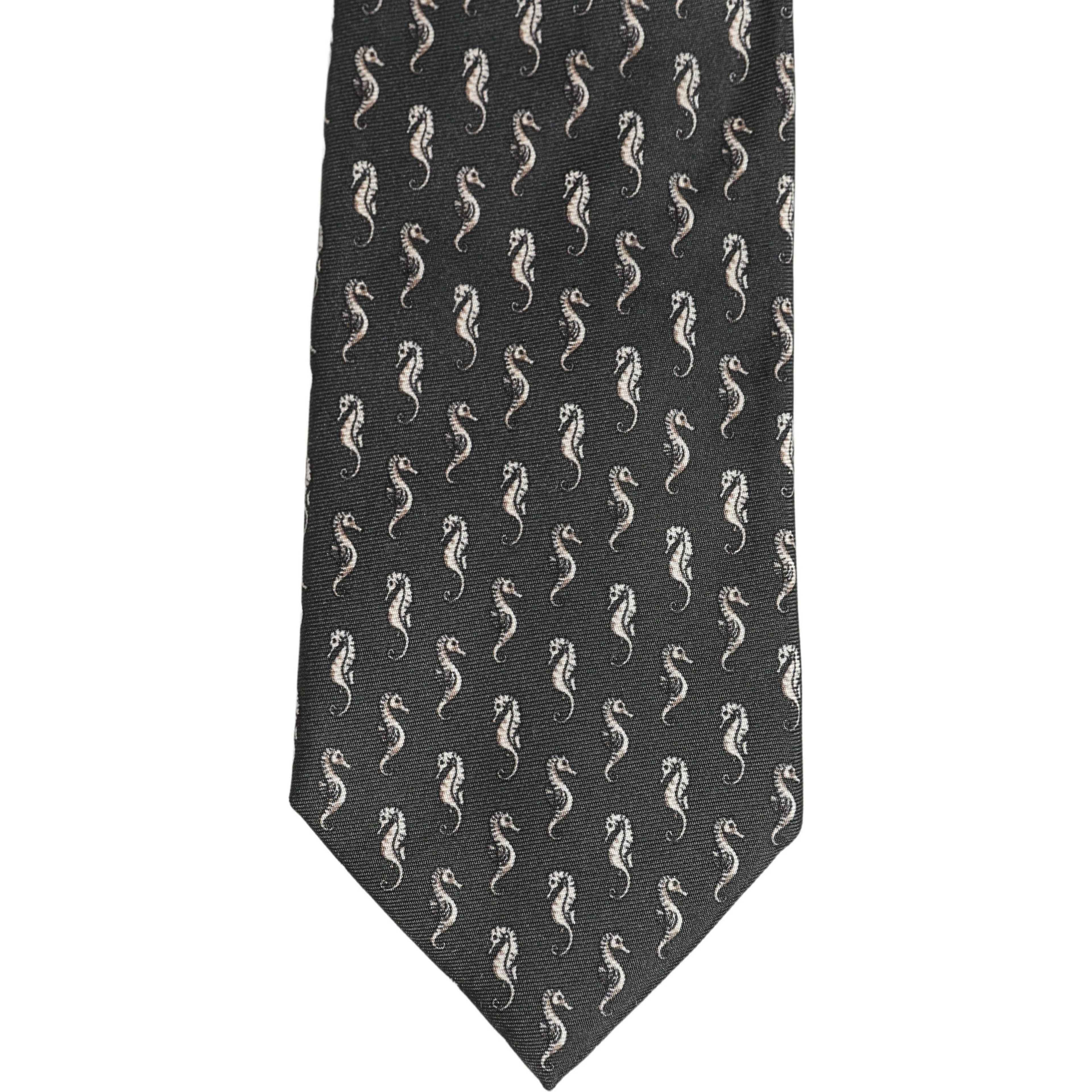 Men Black Seahorse Silk Adjustable Tied Necktie Tie