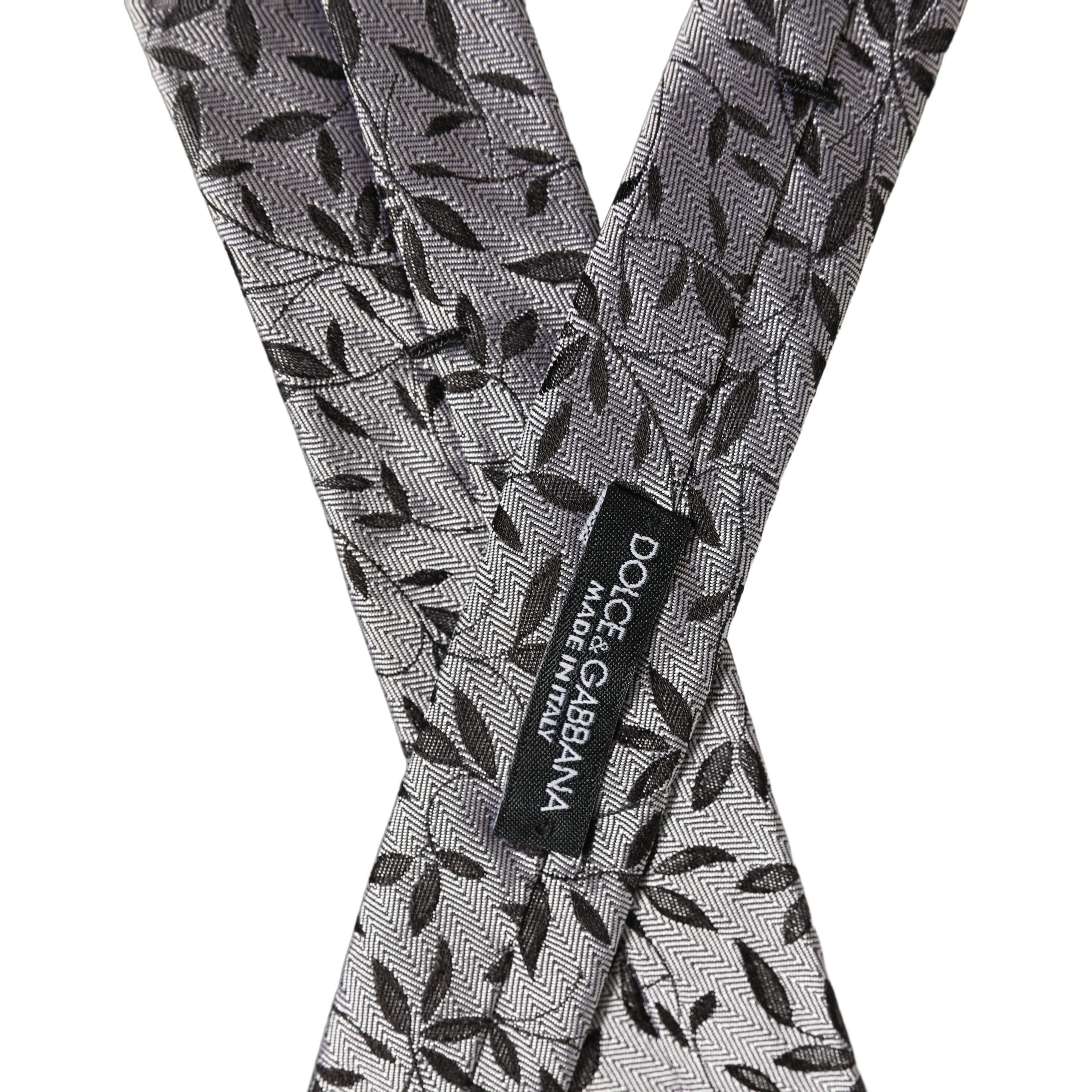 Men Gray Silk Leaf Pattern Adjustable Tied Necktie Tie