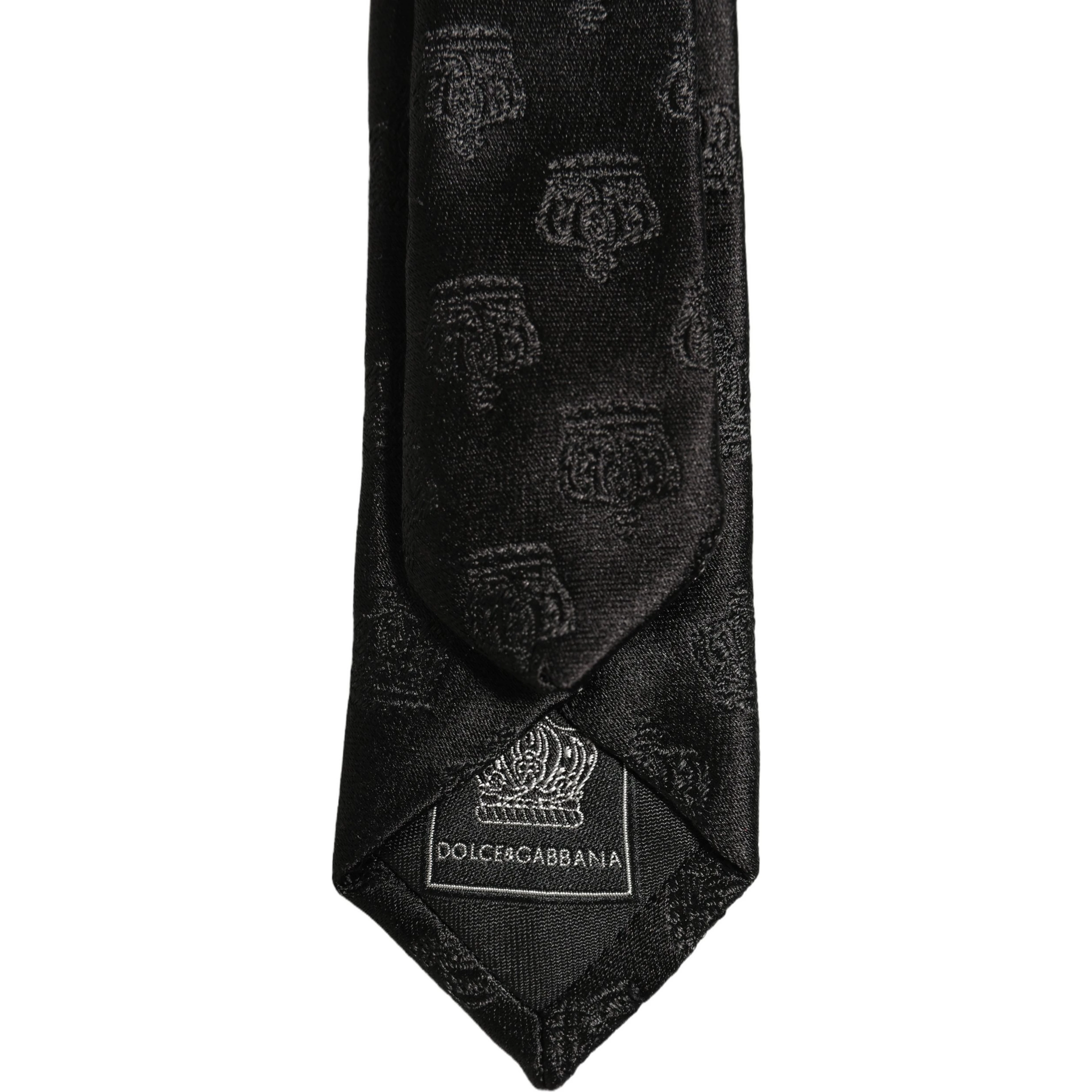 Men Black Crown Pattern Silk Adjustable Tied Necktie Tie