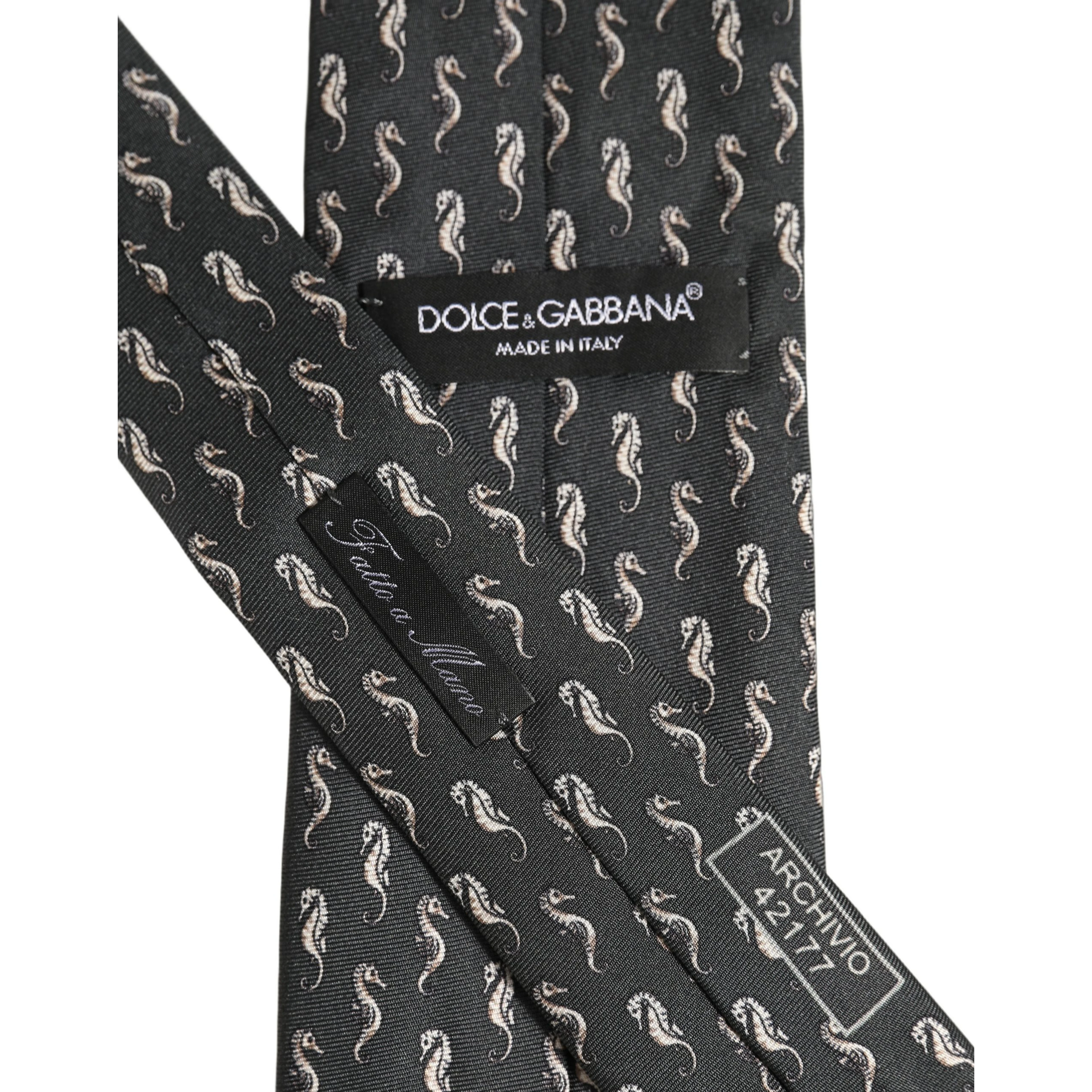 Men Black Seahorse Silk Adjustable Tied Necktie Tie