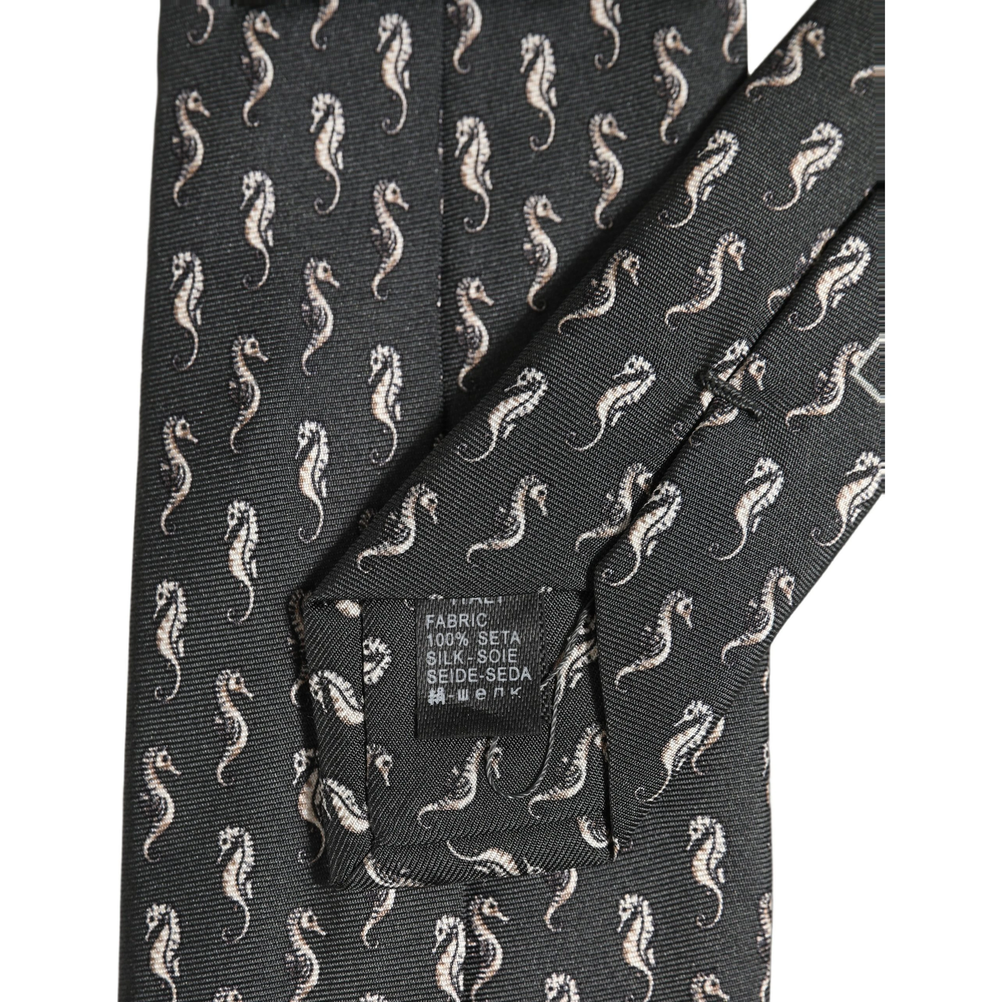 Men Black Seahorse Silk Adjustable Tied Necktie Tie