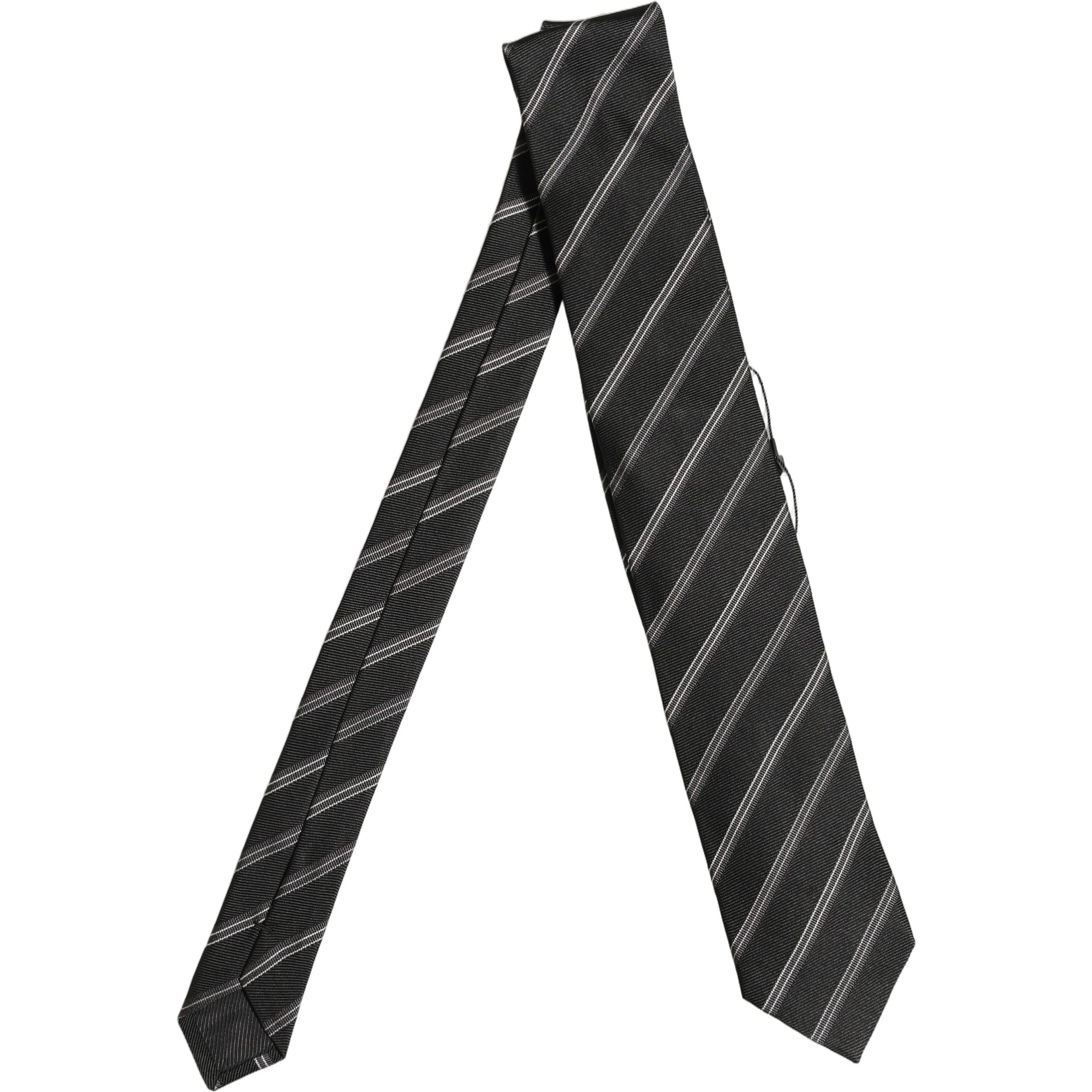 Men Black Silk Stripes Adjustable Tied Necktie Tie