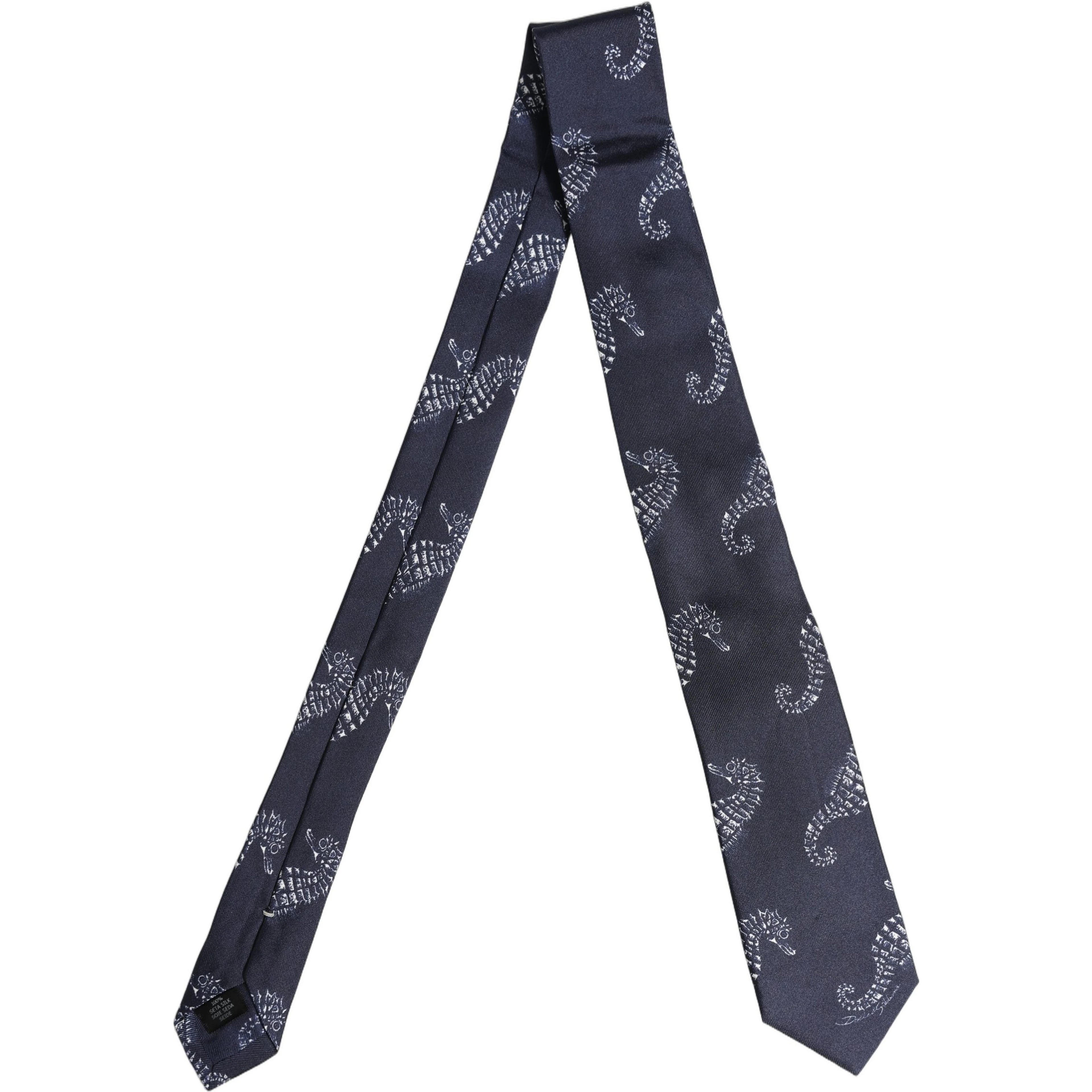 Dark Blue Silk Seahorse Print Adjustable Tied Necktie Tie