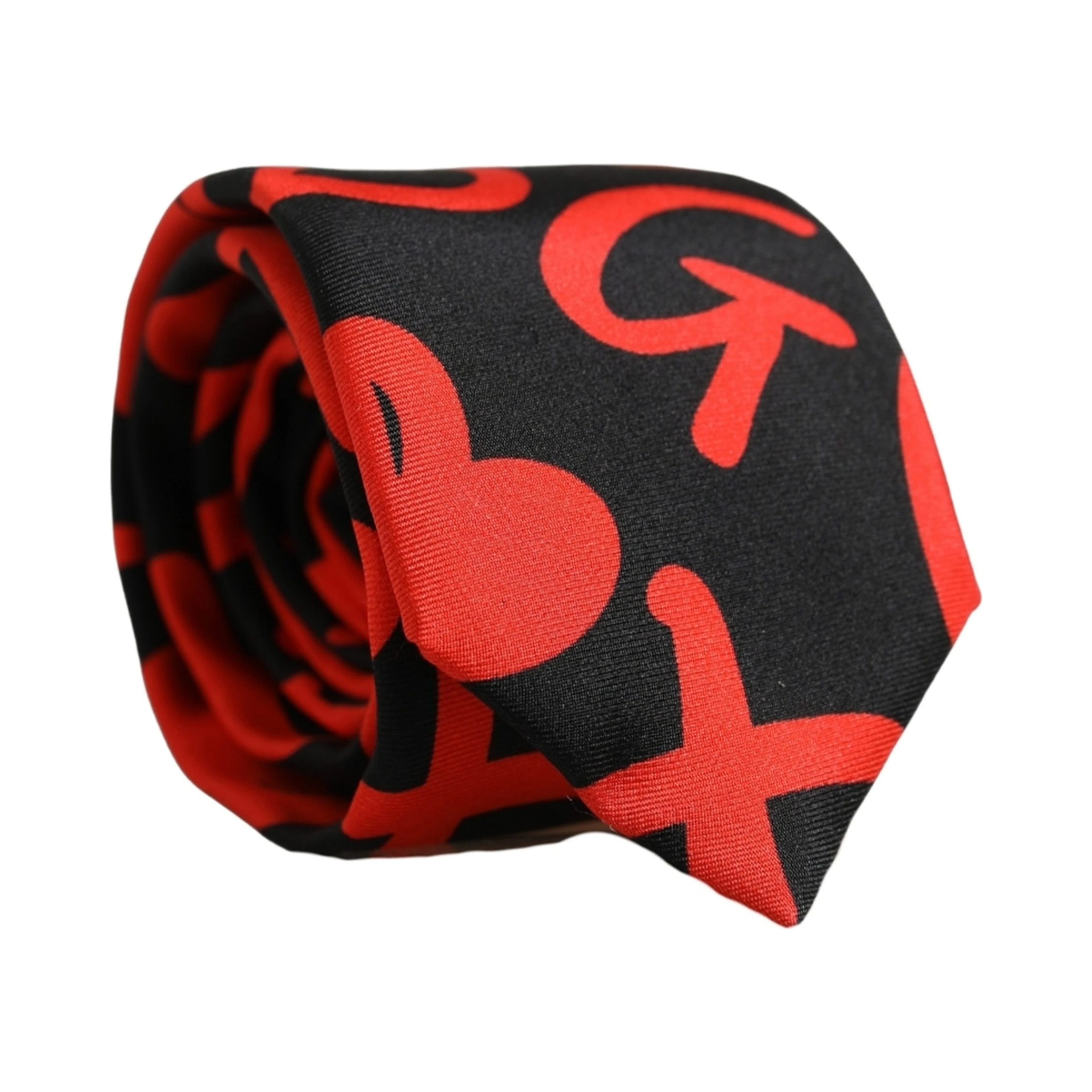 Black Silk Red Graphic Hearts Adjustable Tied Necktie Tie
