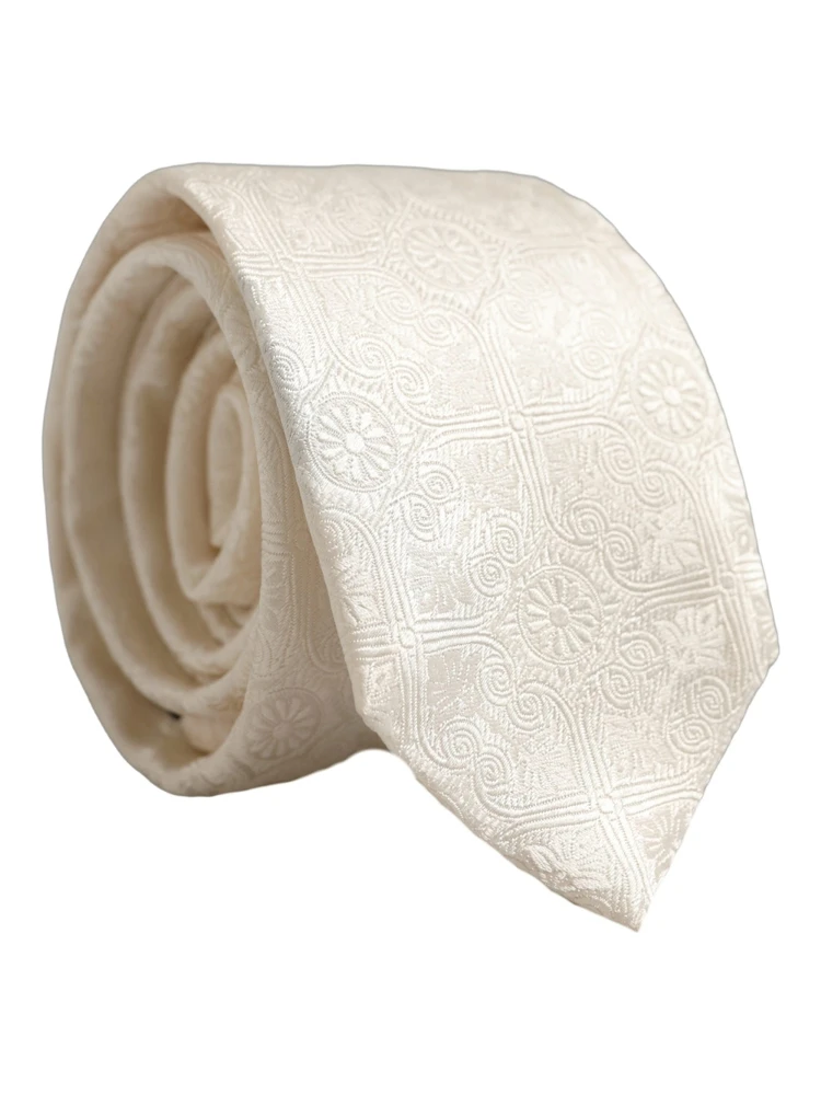 Off White Silk Damask Woven Adjustable Tied Necktie Tie