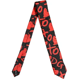 Black Silk Red Graphic Hearts Adjustable Tied Necktie Tie