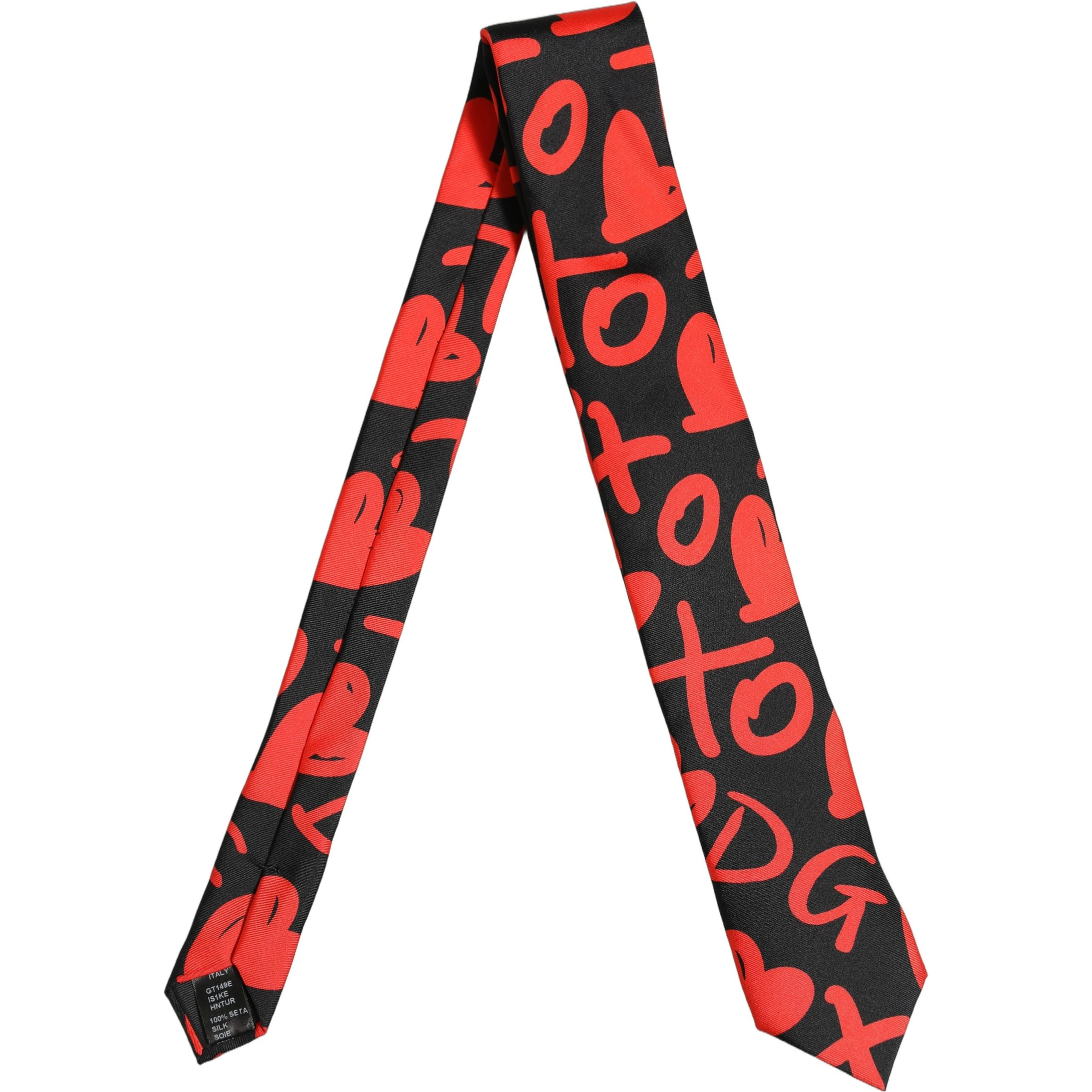 Black Silk Red Graphic Hearts Adjustable Tied Necktie Tie