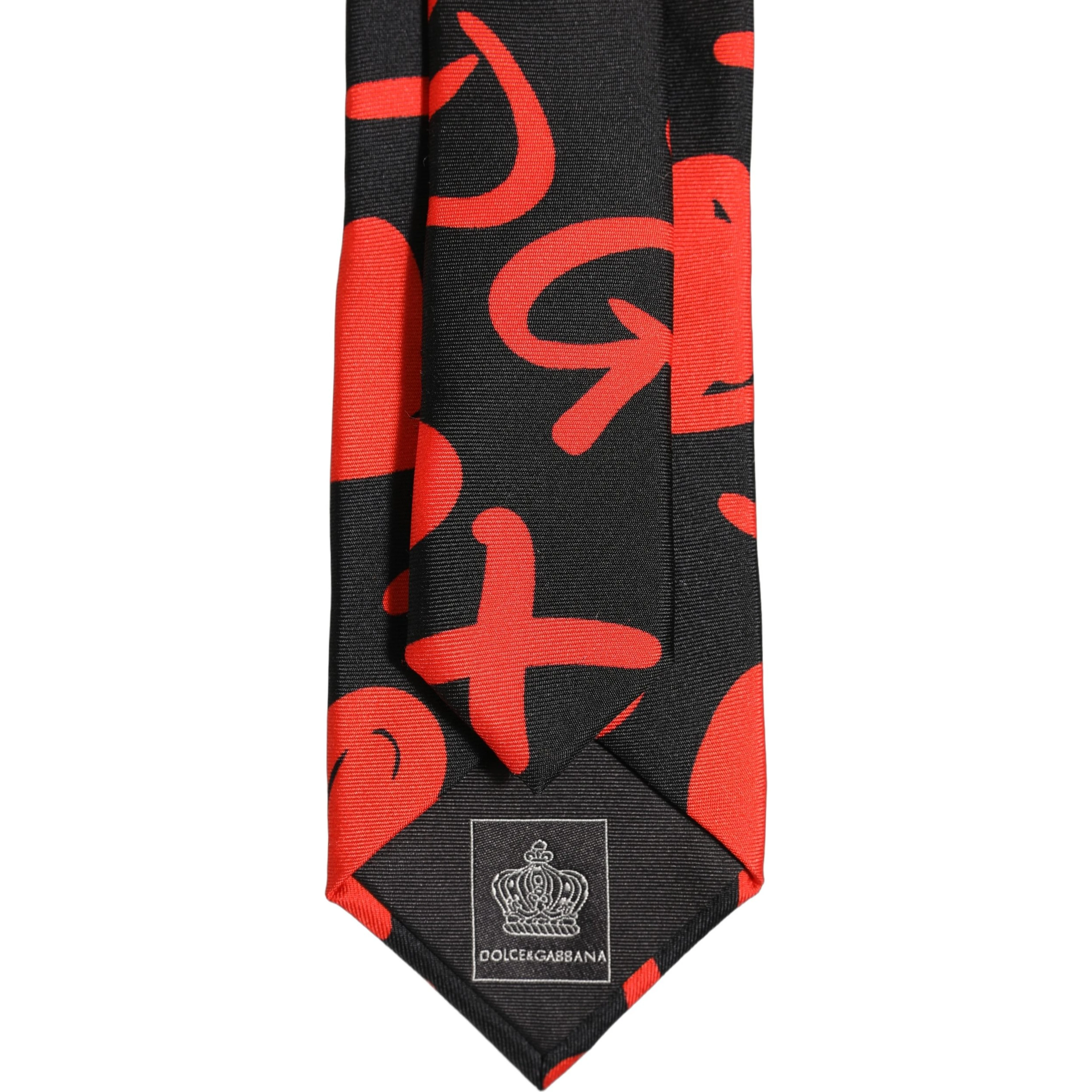 Black Silk Red Graphic Hearts Adjustable Tied Necktie Tie