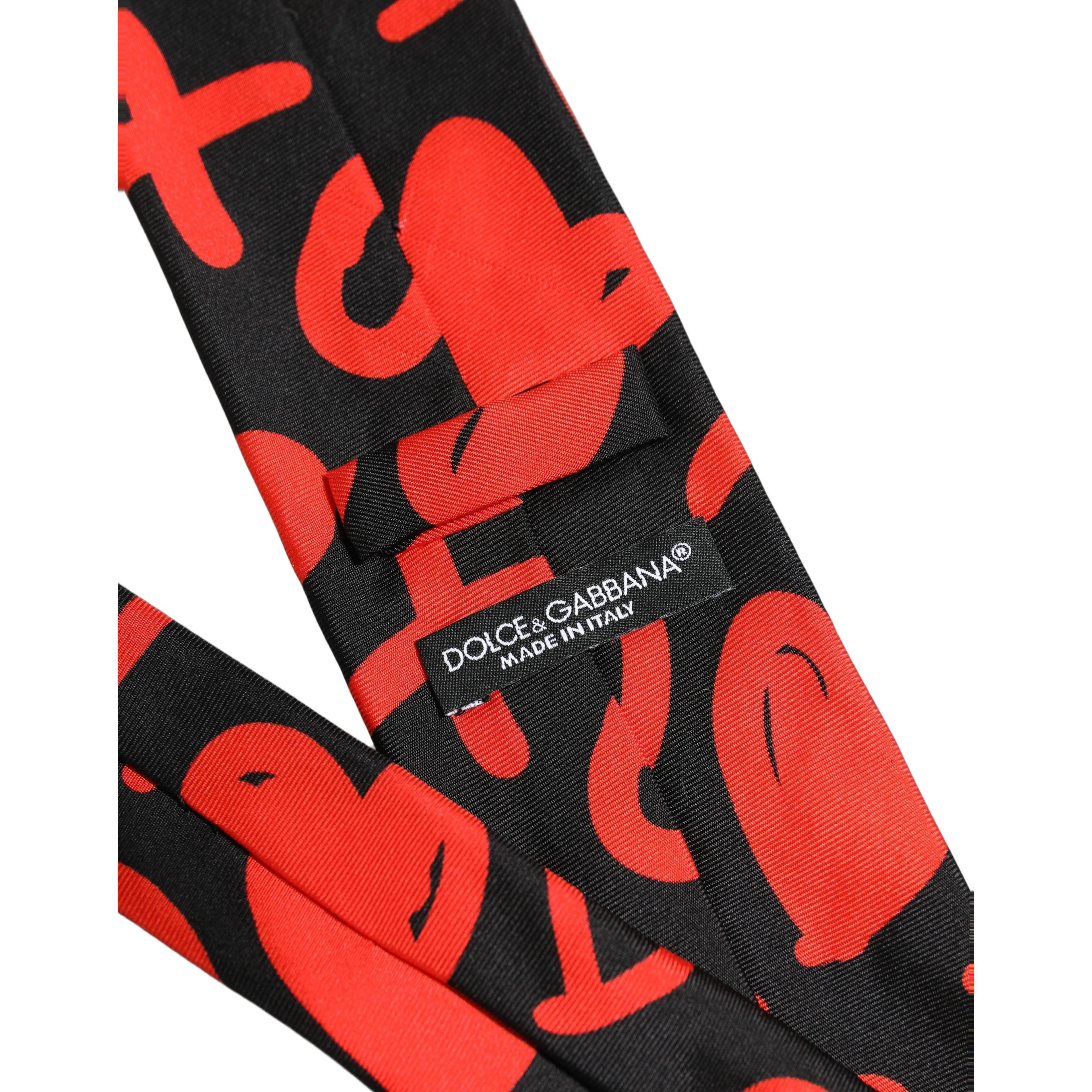 Black Silk Red Graphic Hearts Adjustable Tied Necktie Tie