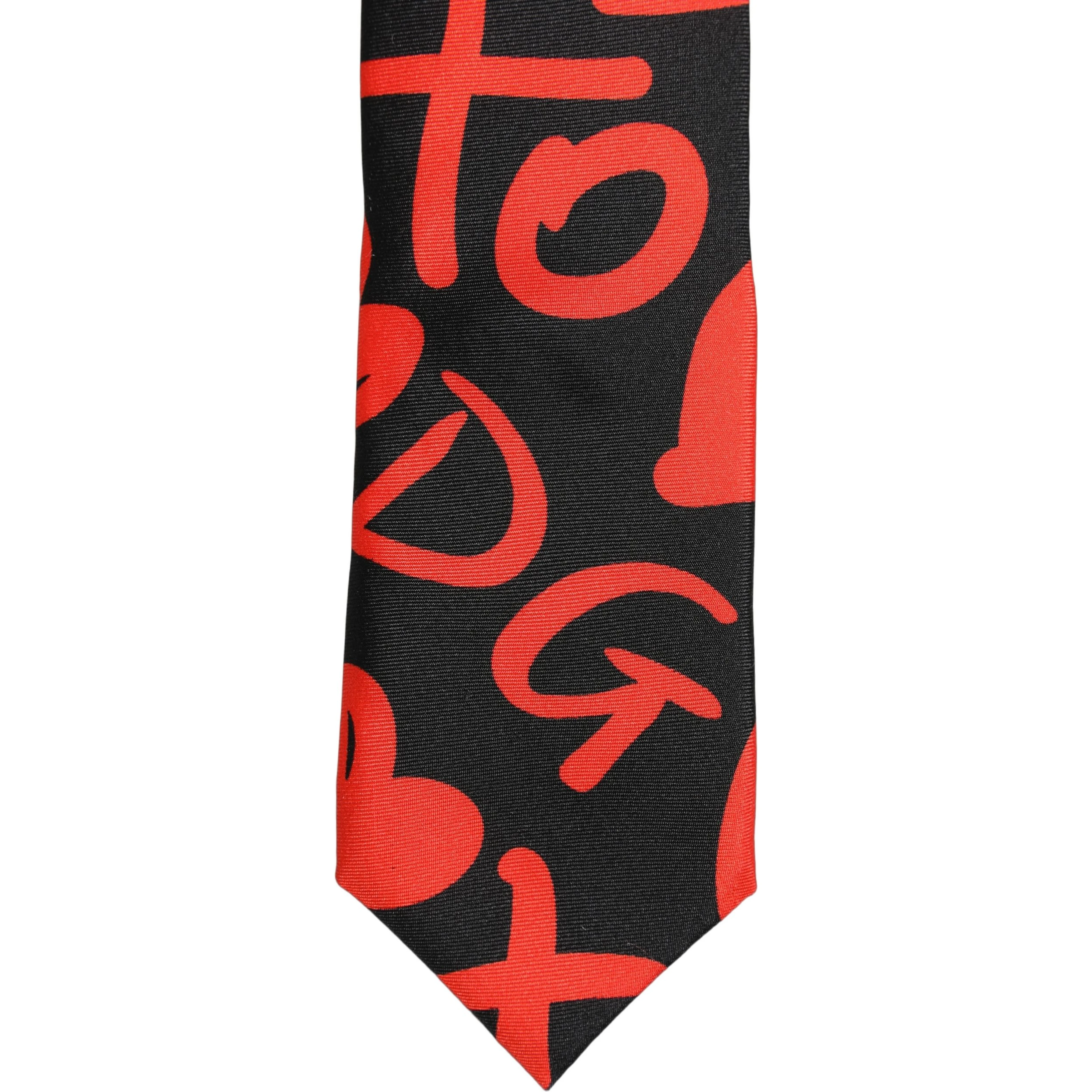 Black Silk Red Graphic Hearts Adjustable Tied Necktie Tie