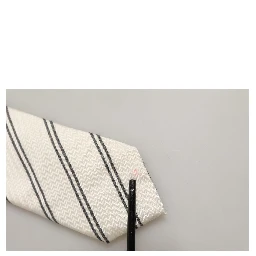 Men Off White Silk Stripes Adjustable Tied Necktie Tie
