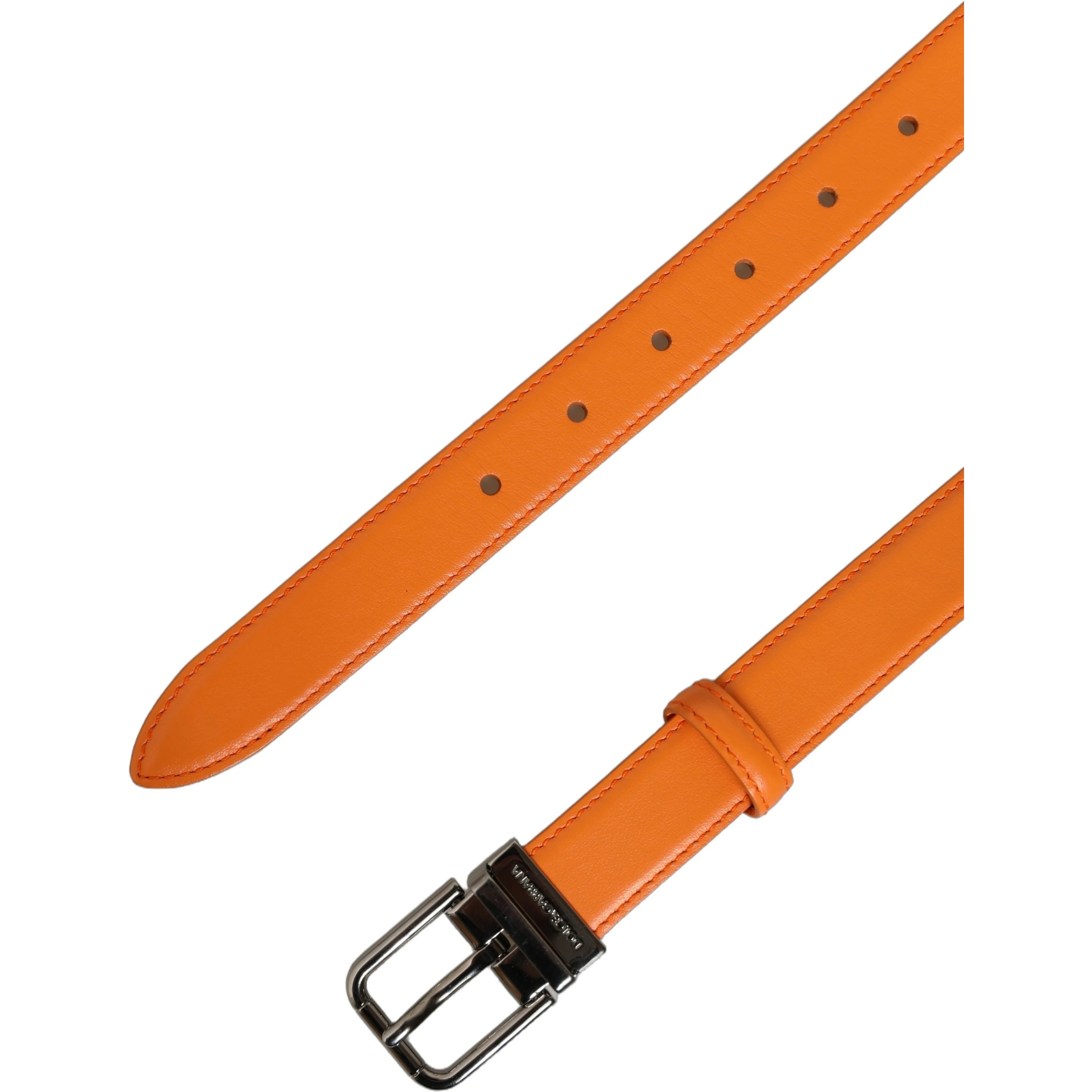 Orange Leather Silver Tone Metal Buckle Belt