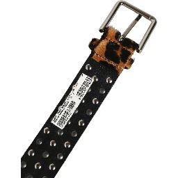 Brown Leopard Calf Hair Studs Metal Buckle Belt