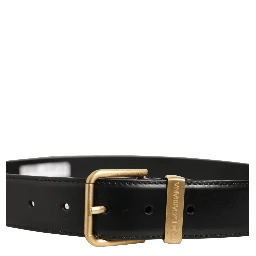 Black Leather Gold Logo Engraved Buckle Belt