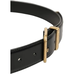 Black Leather Gold Logo Engraved Buckle Belt