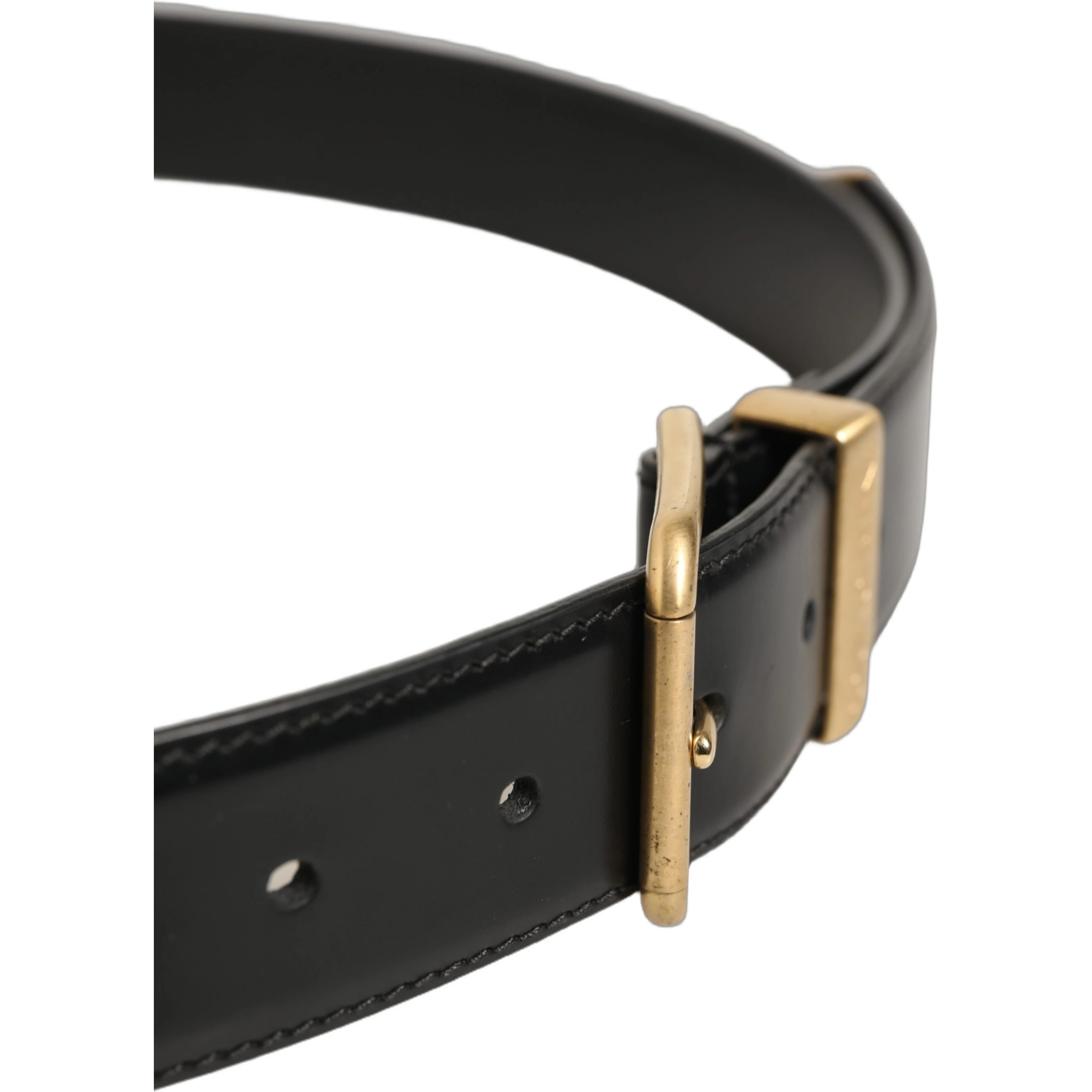 Black Leather Gold Logo Engraved Buckle Belt