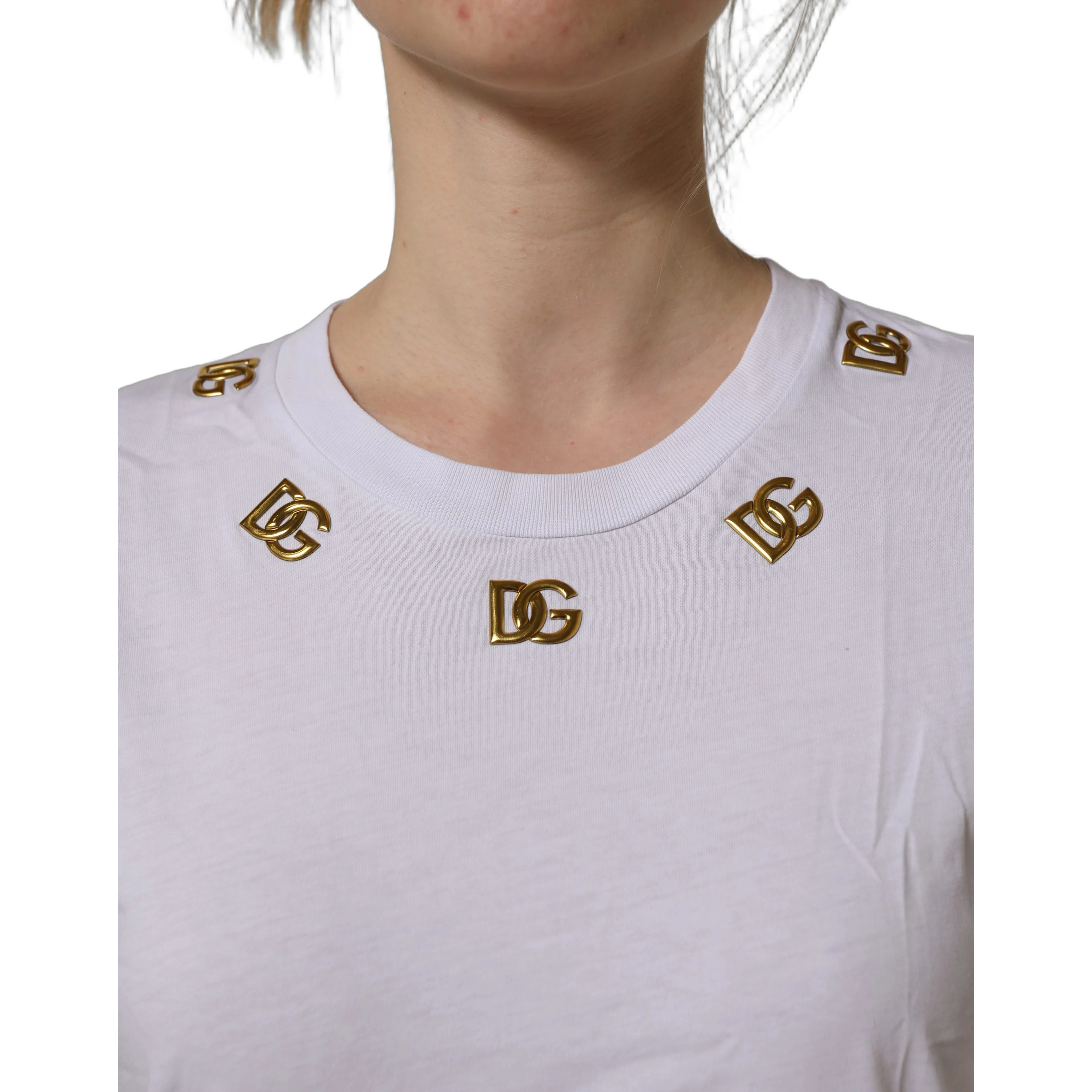 White Cotton Gold DG Logo Crew Neck T-shirt