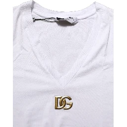 White Cotton Gold DG Logo V-Neck T-shirt