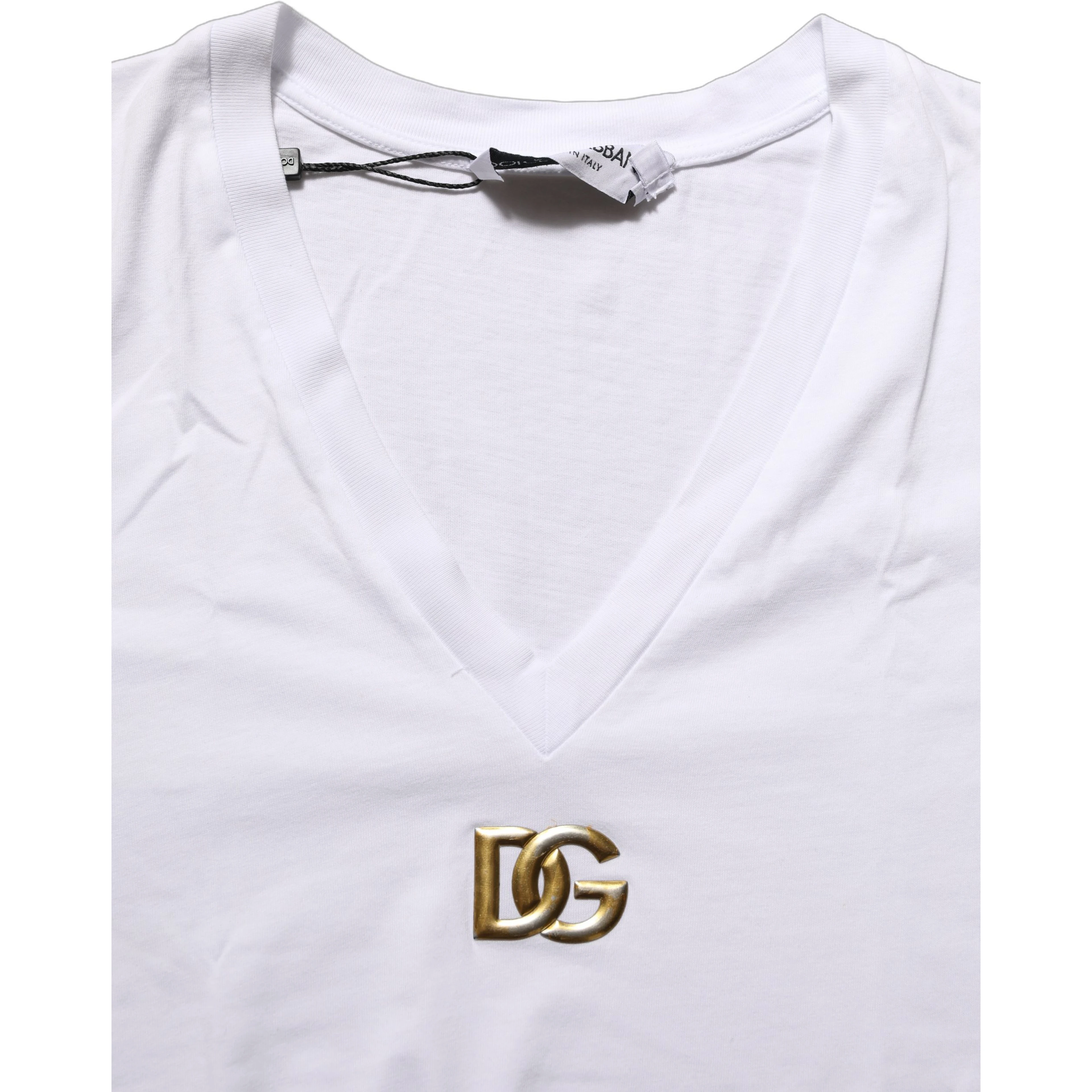 White Cotton Gold DG Logo V-Neck T-shirt