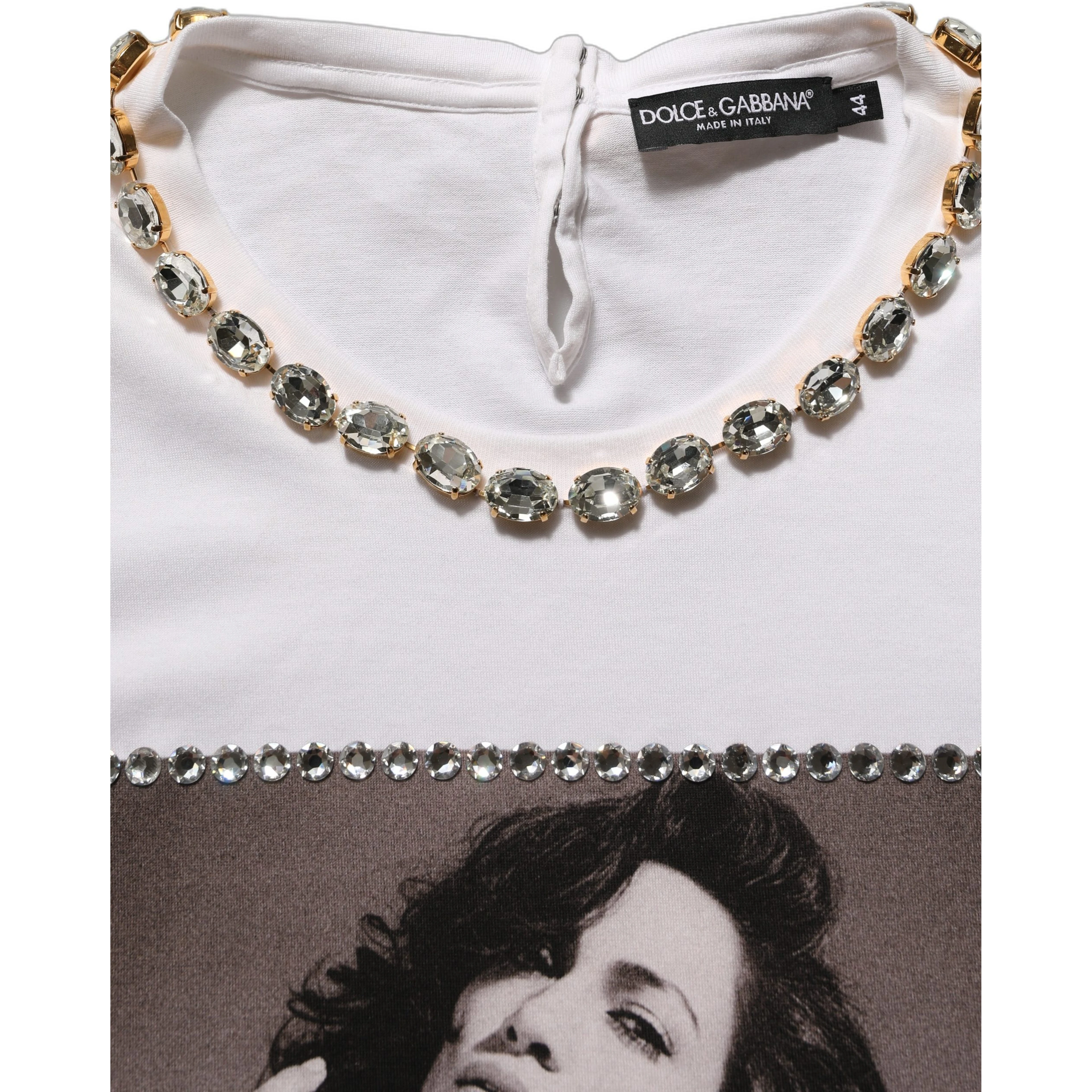 White Printed Jeweled Round Neck T-shirt