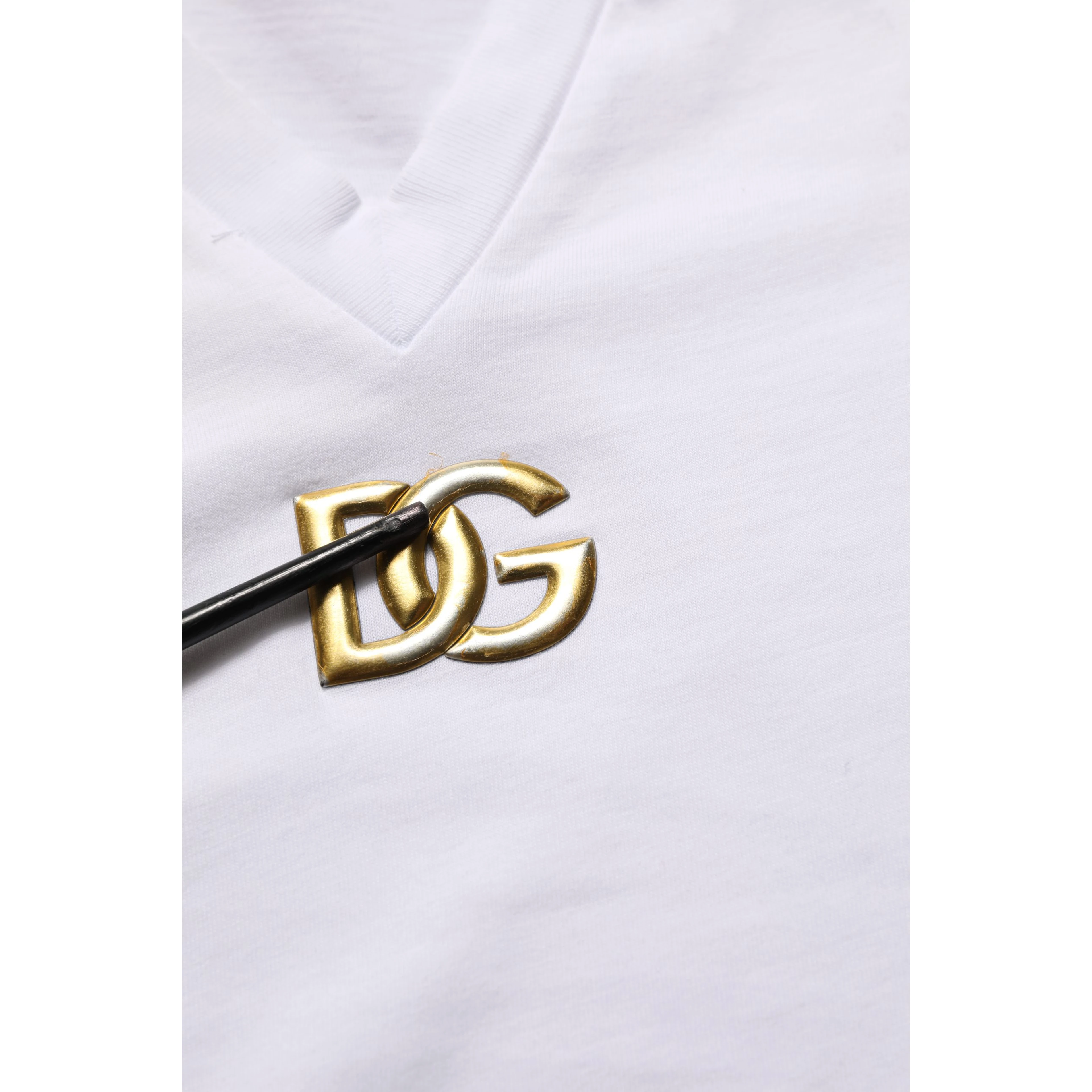 White Cotton Gold DG Logo V-Neck T-shirt