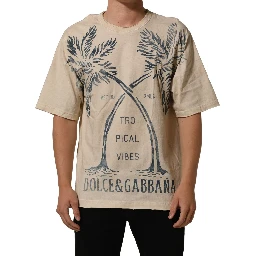 Beige Cotton Graphic Print Crew Neck T-shirt