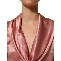 Pink Satin Silk V-neck Long Sleeves Blouse Top