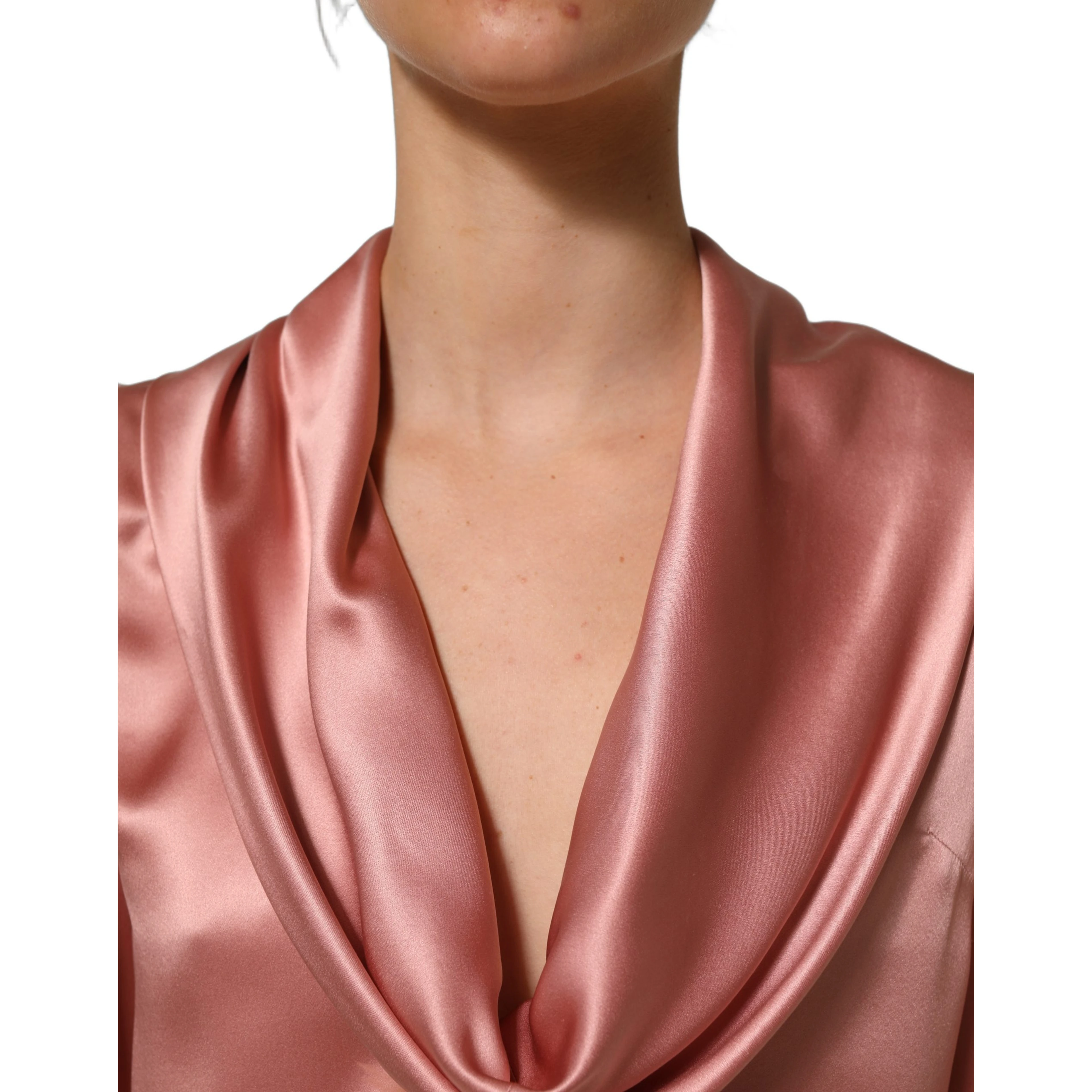 Pink Satin Silk V-neck Long Sleeves Blouse Top