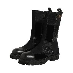 Black Patchwork Leather Mid Calf Boots Shoes