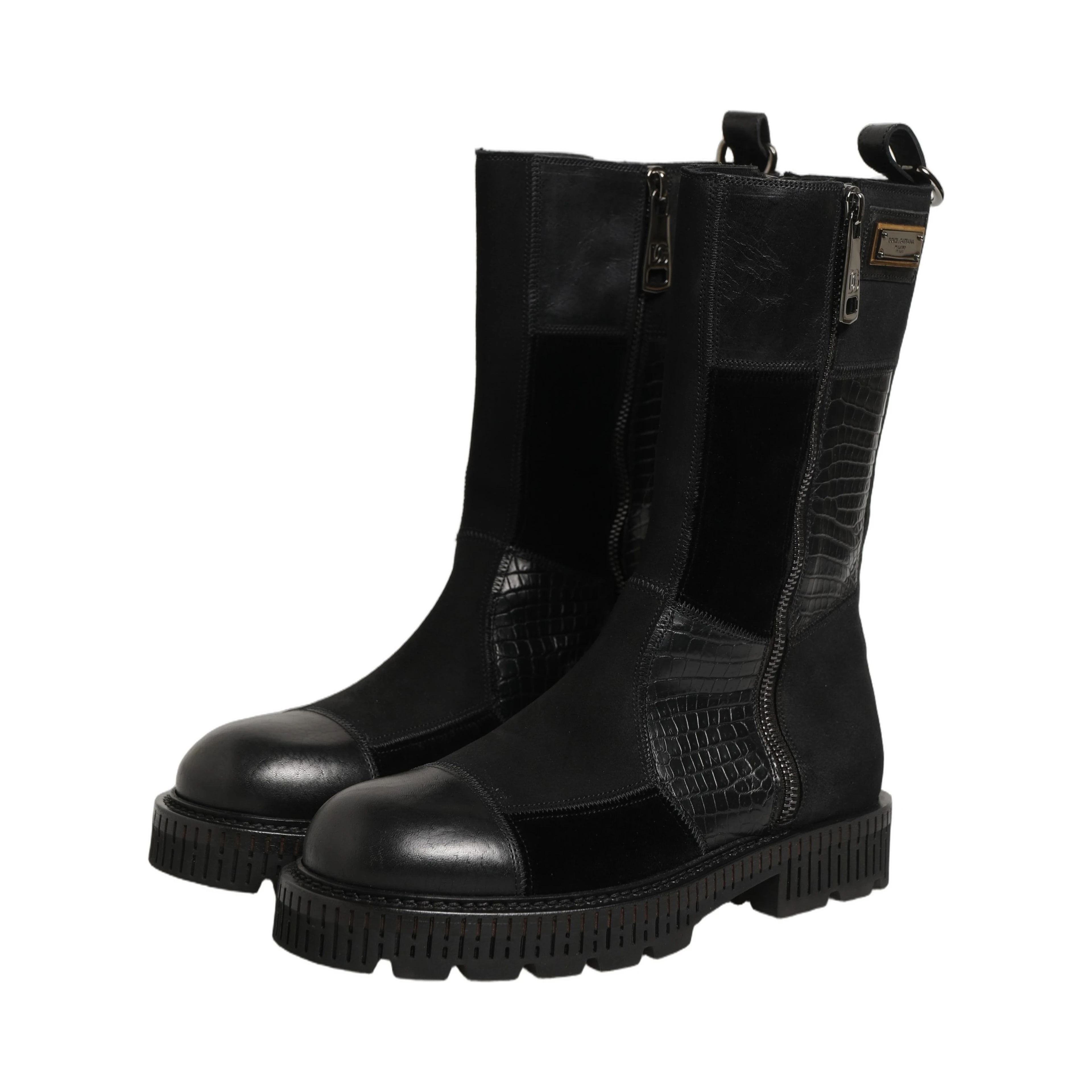 Black Patchwork Leather Mid Calf Boots Shoes