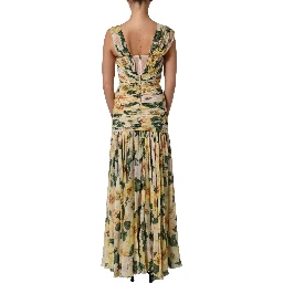 Yellow Floral Print Silk Pleated Maxi Dress