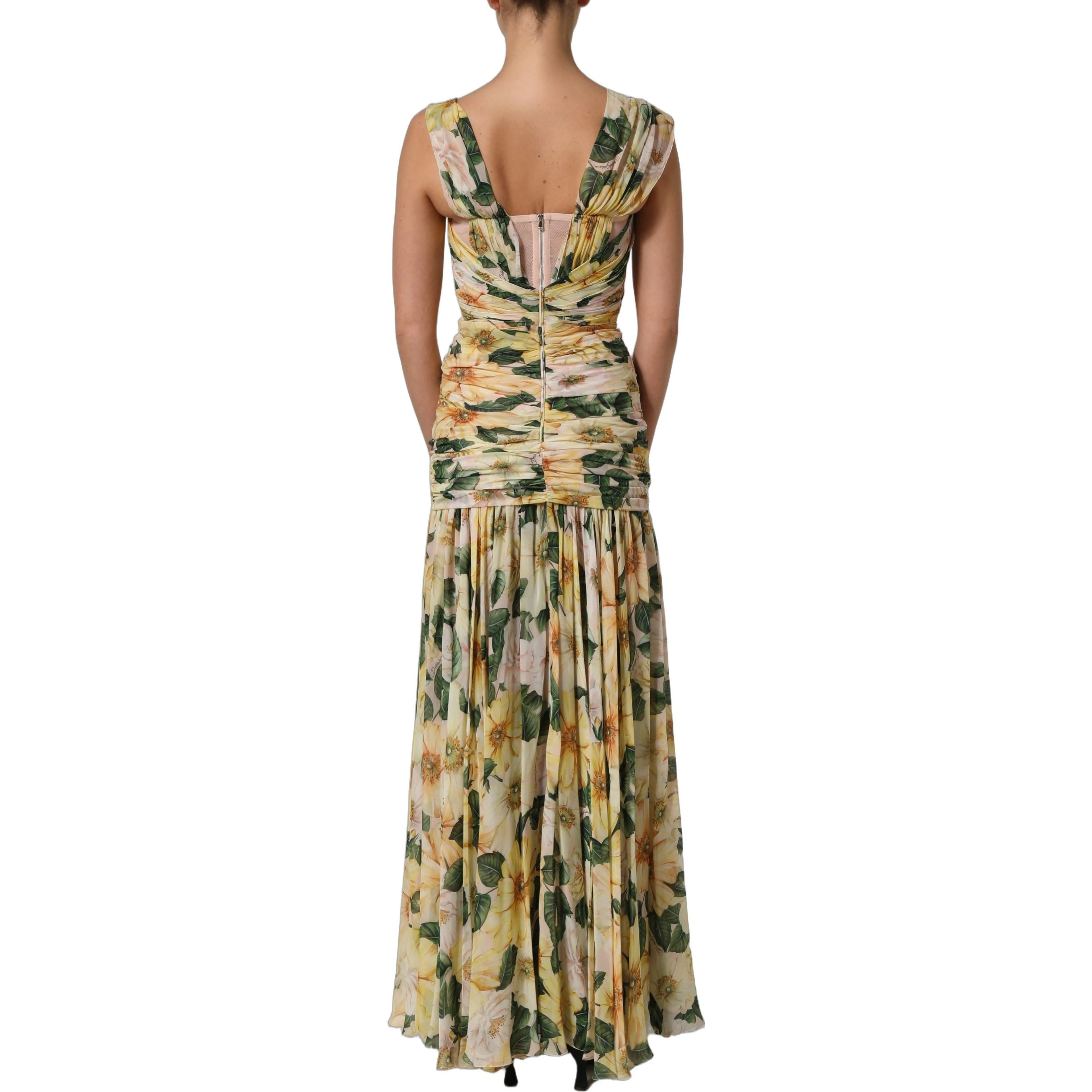 Yellow Floral Print Silk Pleated Maxi Dress