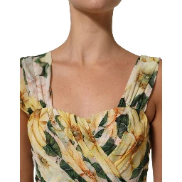 Yellow Floral Print Silk Pleated Maxi Dress