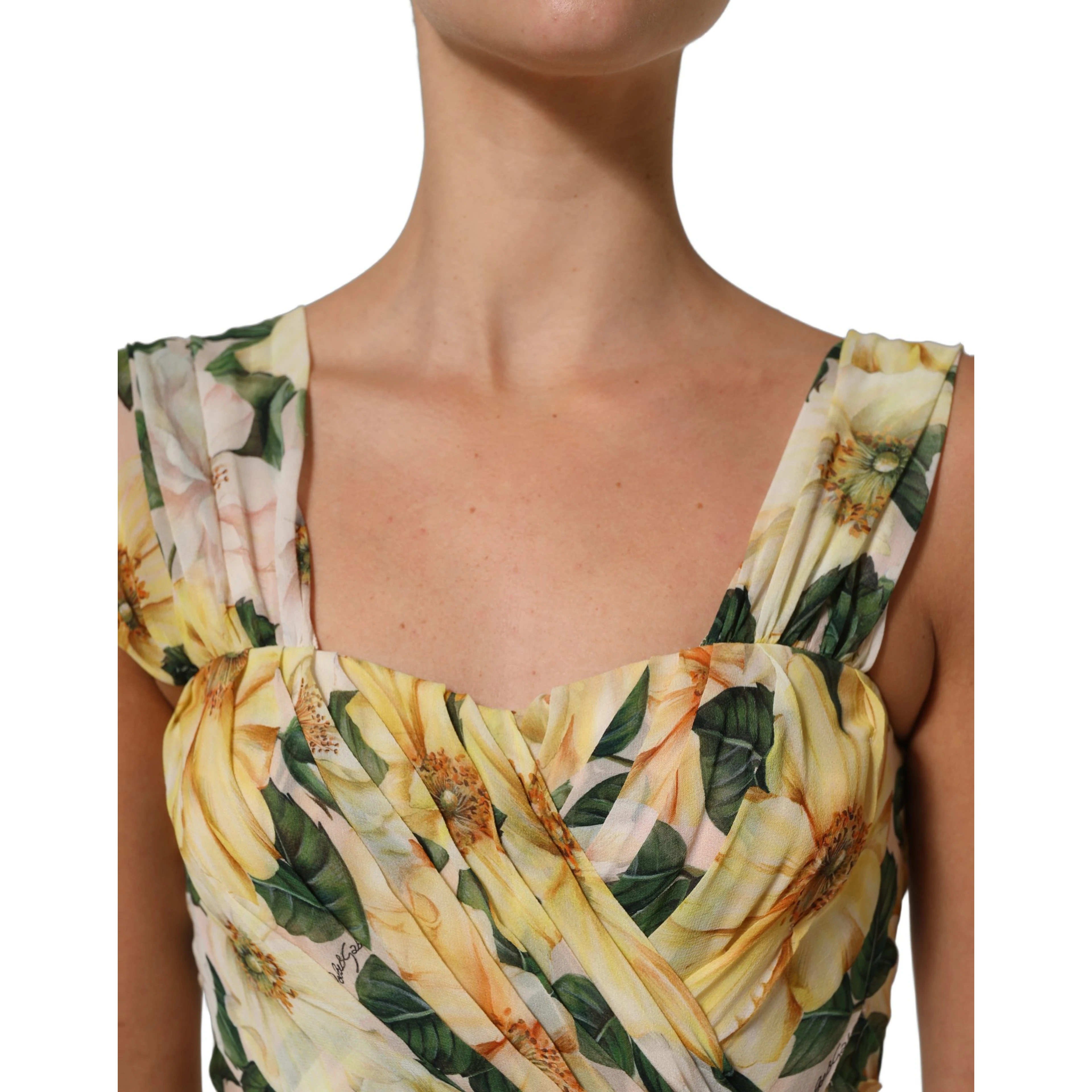 Yellow Floral Print Silk Pleated Maxi Dress