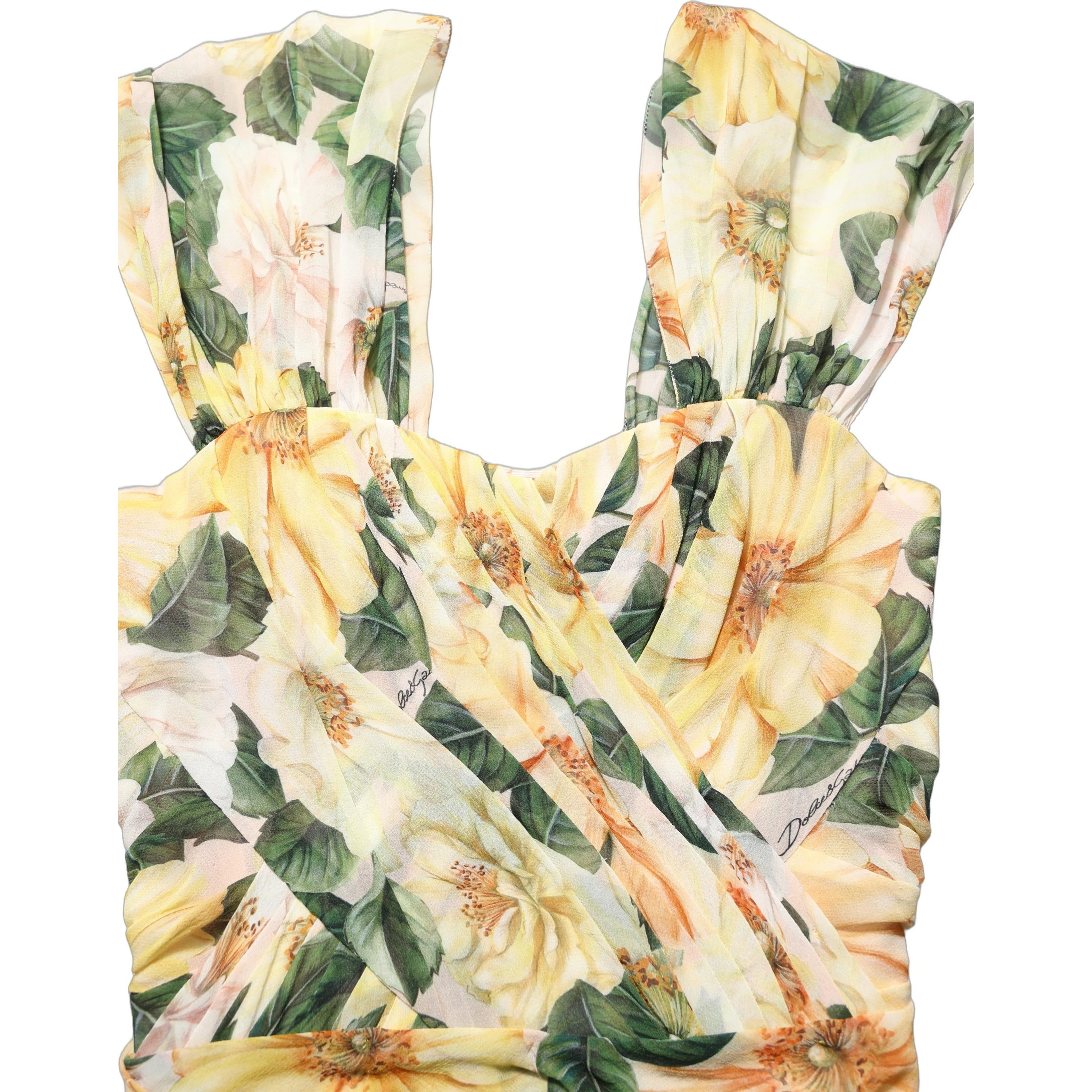 Yellow Floral Print Silk Pleated Maxi Dress